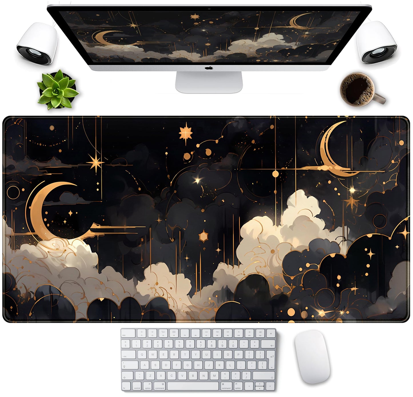 Black and Gold Celestial Desk Mat XXL Extended Gaming Mouse Pad Large Mousepad with Stitched Edges