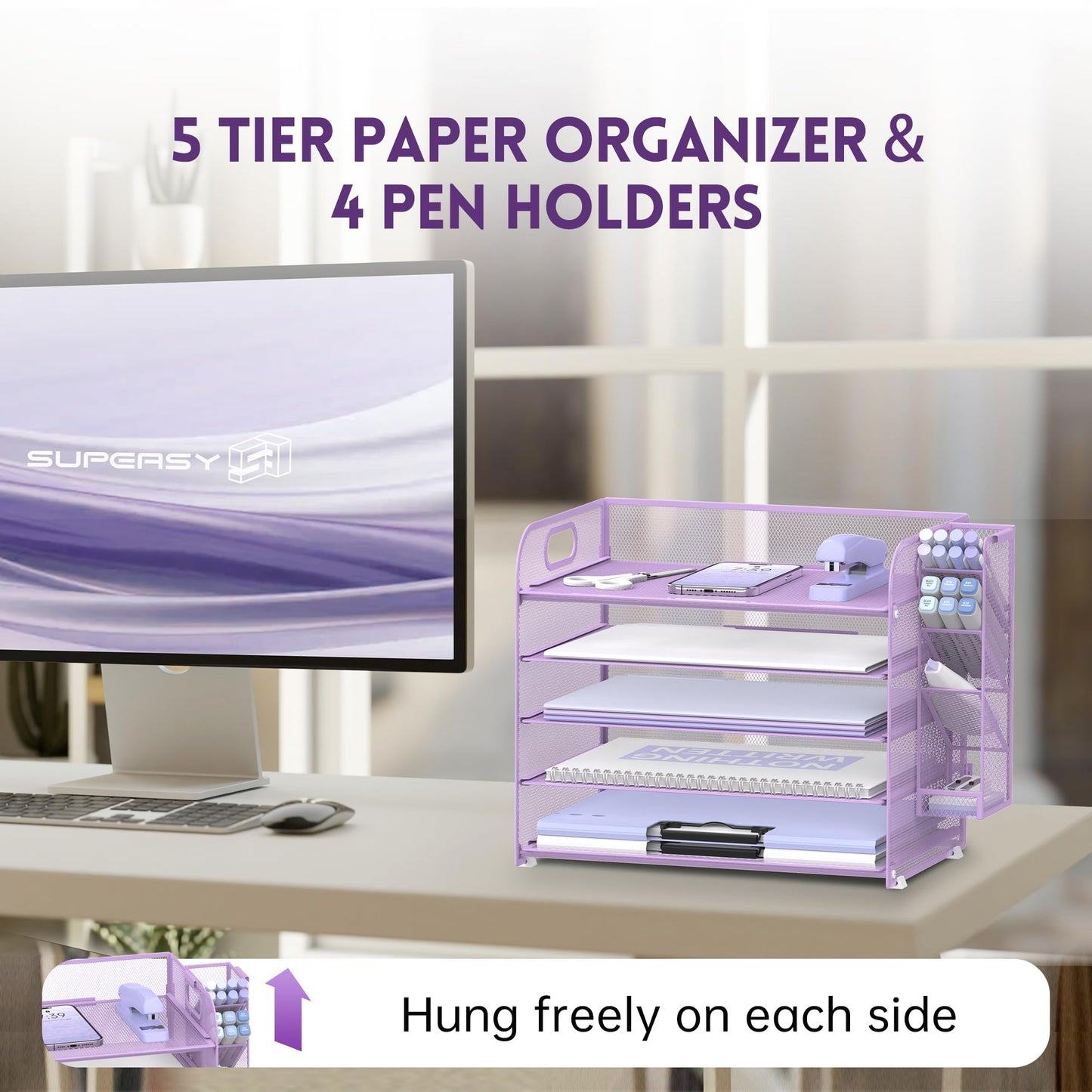 5-Tier Paper Organizer for Desk with Pen Holders, Letter Trays, Purple