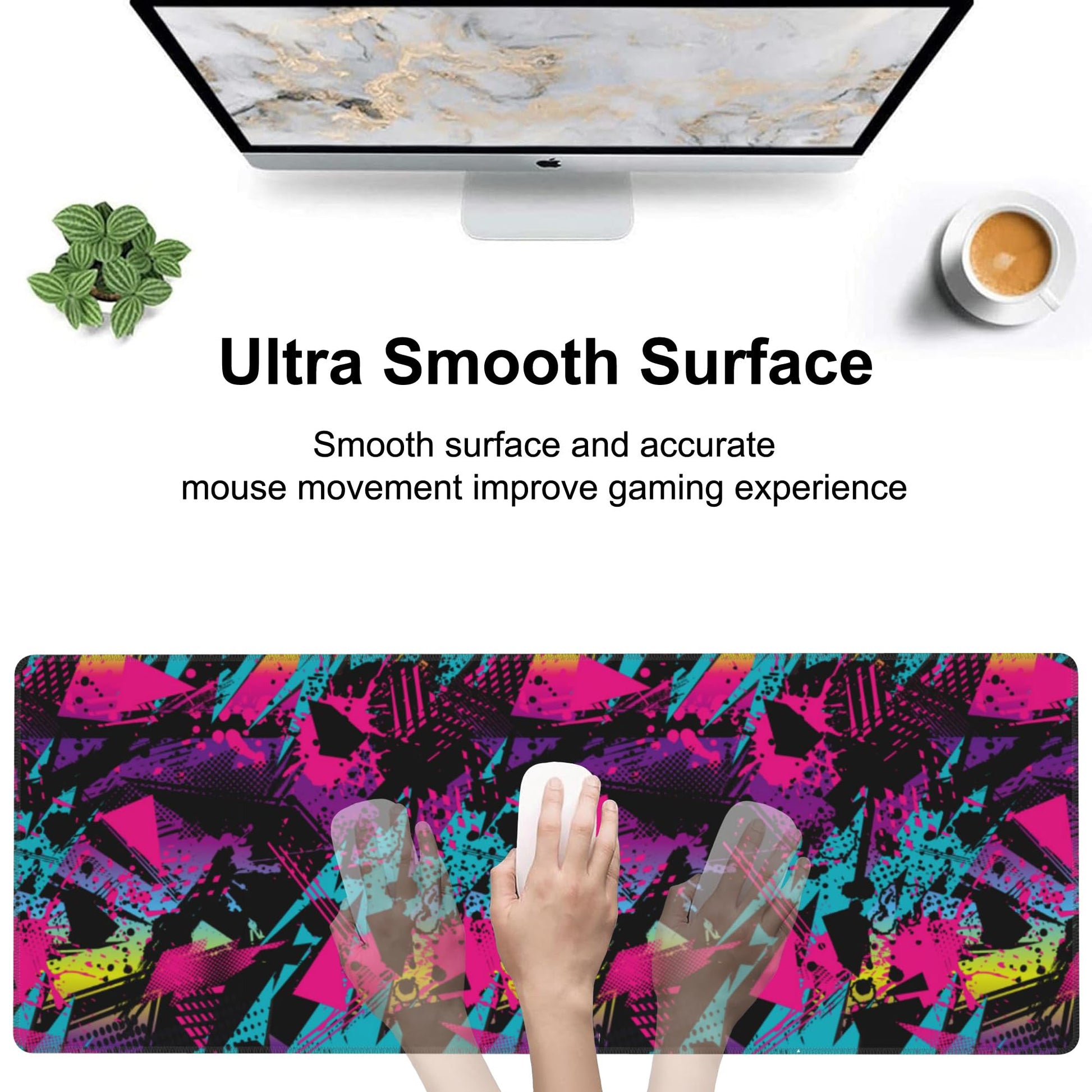 Abstract Grunge Elements Desk Mat,Large Neon Color Patterns Gaming Keyboard Mouse Pad,Non-Slip