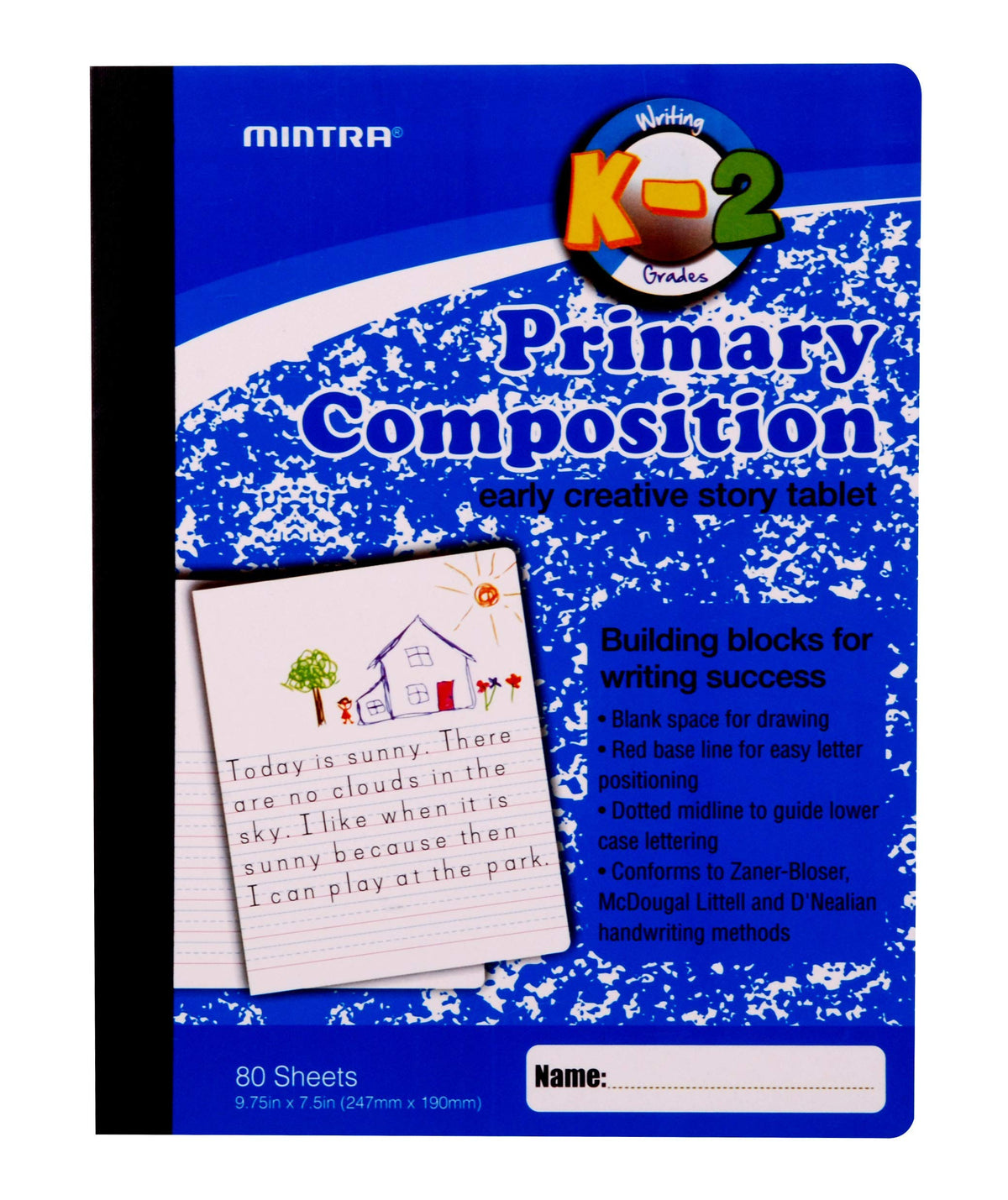 Mintra Primary Composition Notebook, 4 Pack, Blue Cover, 80 Sheets, 7.5in x 9.75in, 1/2 Sheet