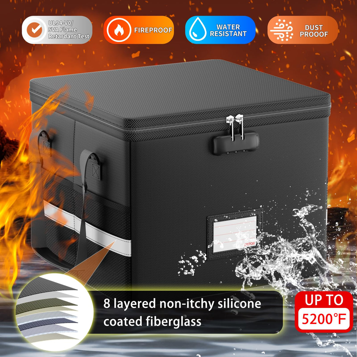 ENGPOW 5200°F Fireproof Document Box with Lock, Heat Insulated Collapsible File Storage Organizer