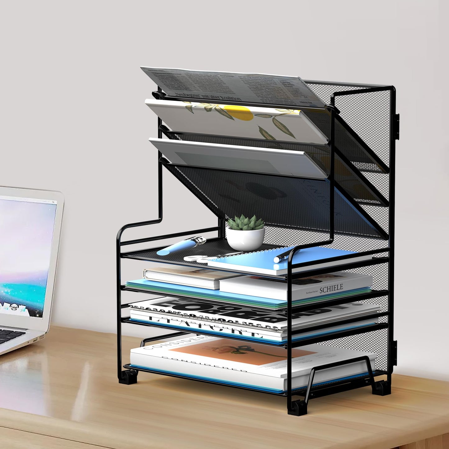 MINDEPOT 4-Tier Paper Organizer + 3-Pocket File Holder + Drawer + Pen Holders, Desktop File
