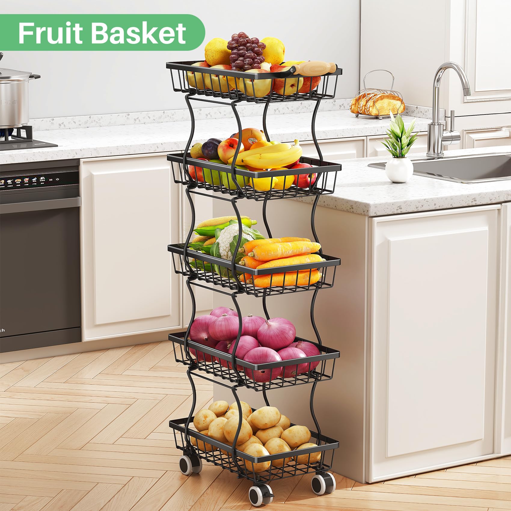 SAYZH 5-Tier Fruit Basket Stand with Vegetable Baskets for Kitchen, Black