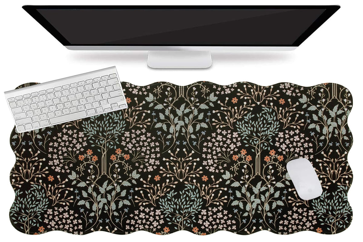 L-SPOUTTO Black Mouse Pad,Scalloped Desk Mat XXL Botanical Gaming Mousepad