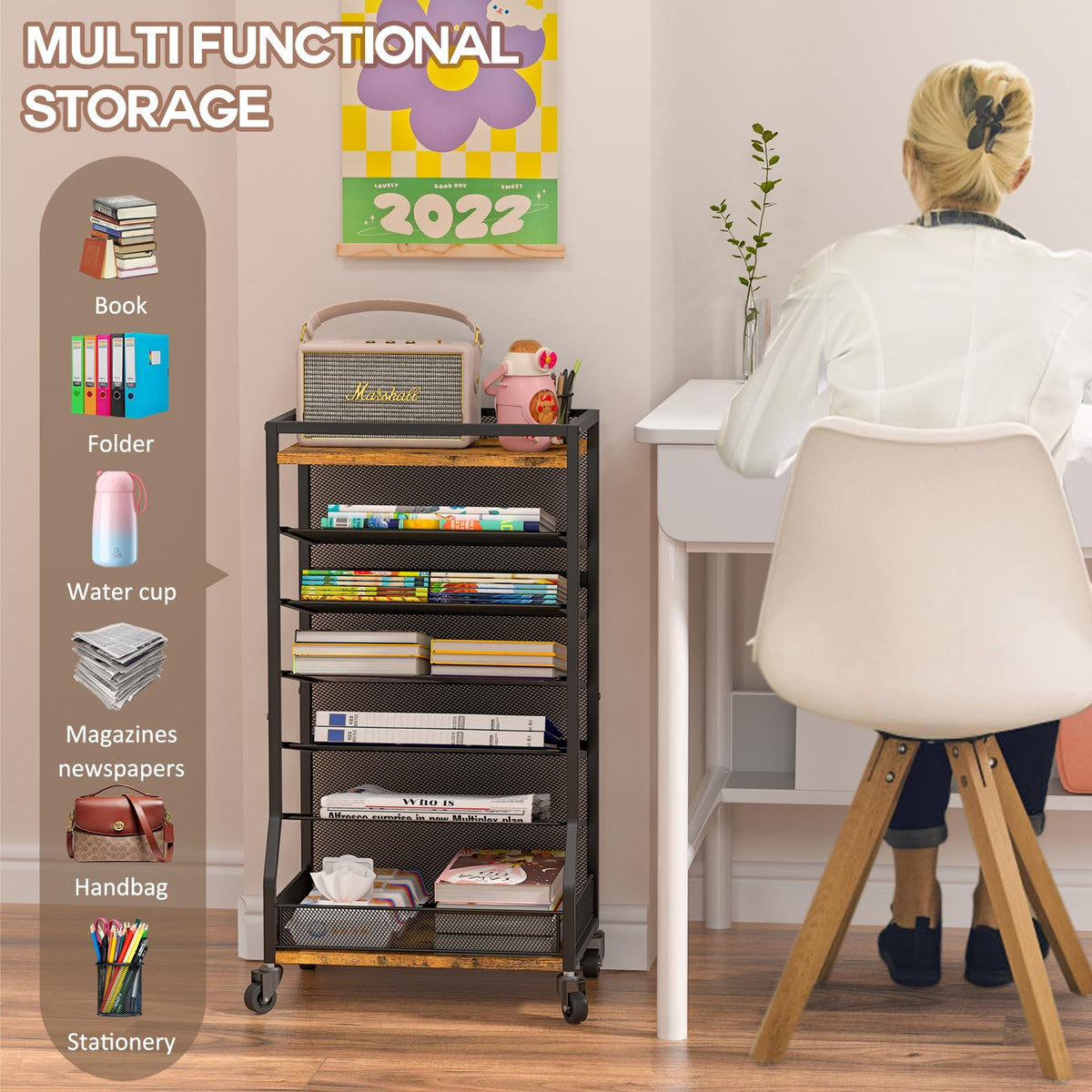 ThreeHio 7 Tier Rolling File Cart with Sliding Trays, Wood Metal File Organizer Beside Desk