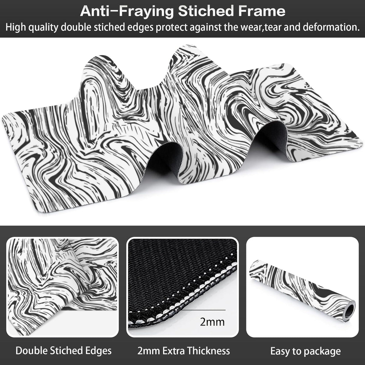Black and White Marble Desk Mat,Large Abstract Marble Texture Gaming Keyboard Mouse Pad,Non-Slip
