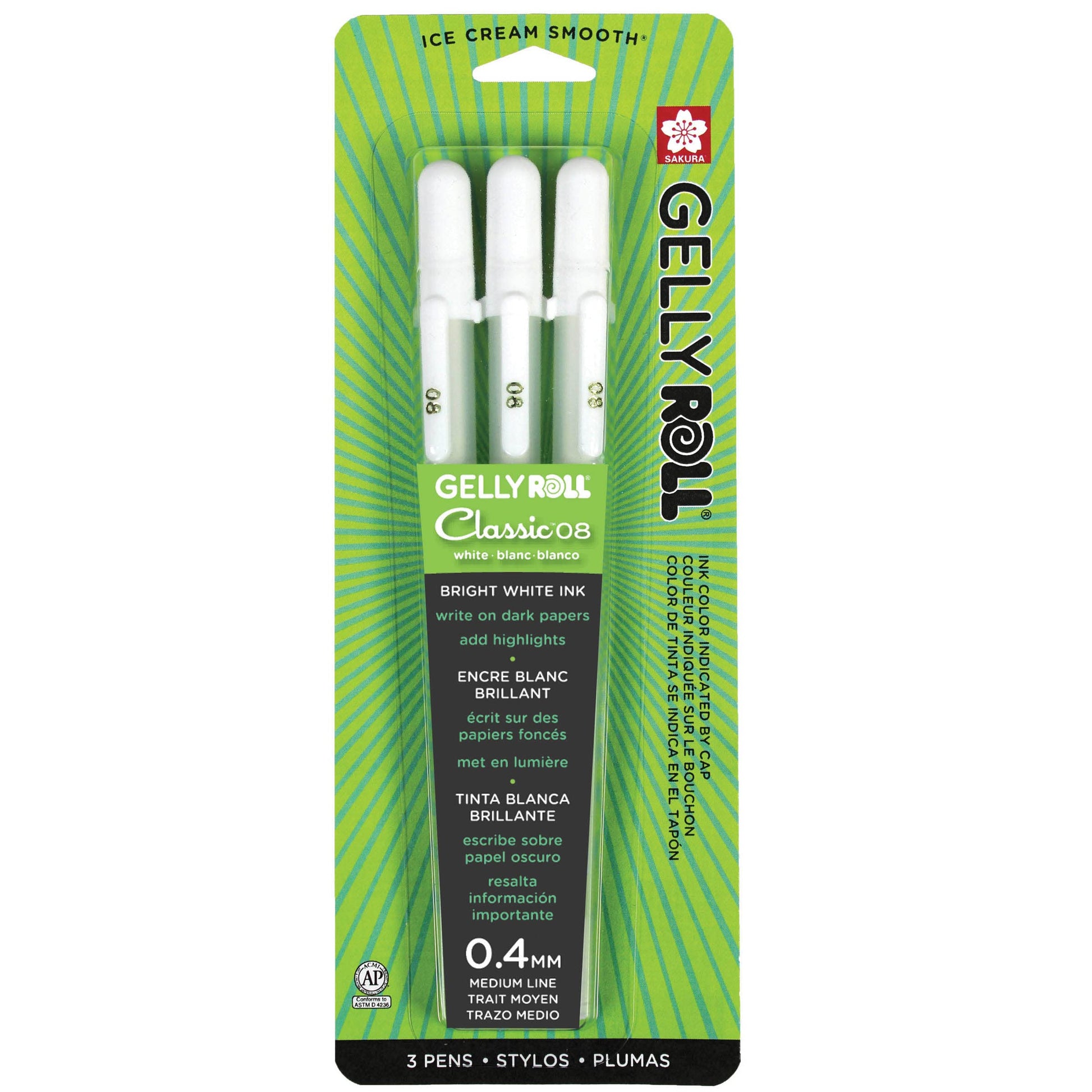 SAKURA 37488 3-Piece Gelly Roll Blister Card Medium Point Gel Ink Pen Set, White