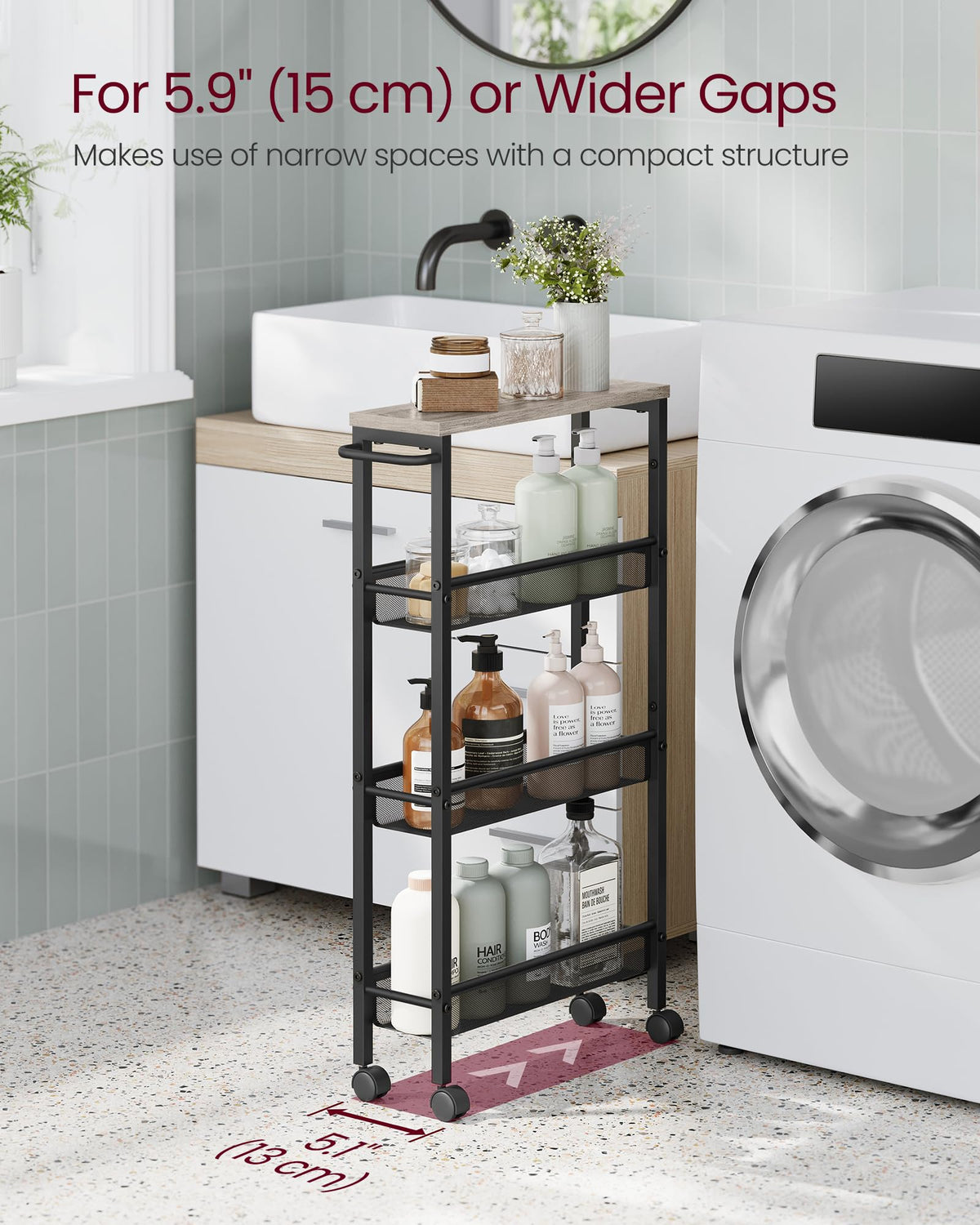 VASAGLE 4-Tier Slim Rolling Storage cart with Wheels, 5.1 Inches, Metal