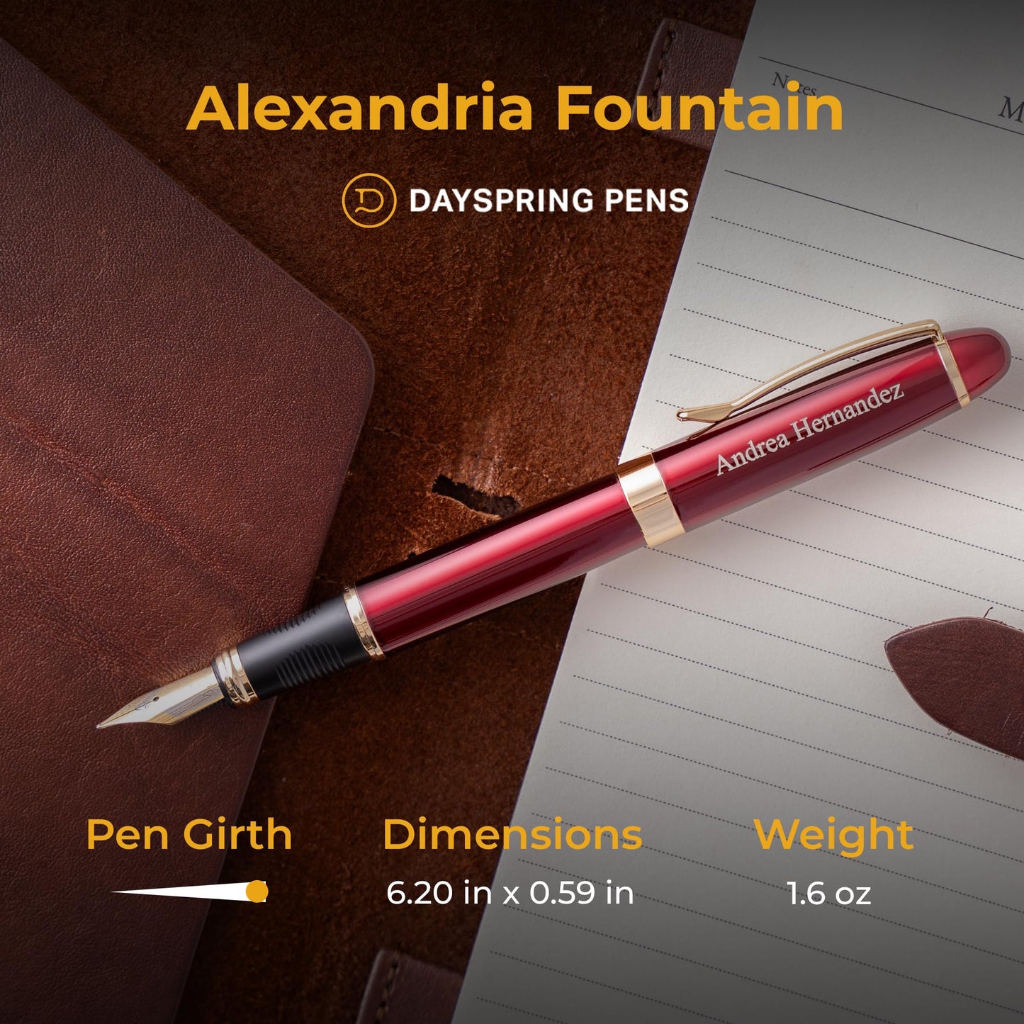Dayspring Pens Alexandria Personalized Fountain Pen in Red with Gold Trim