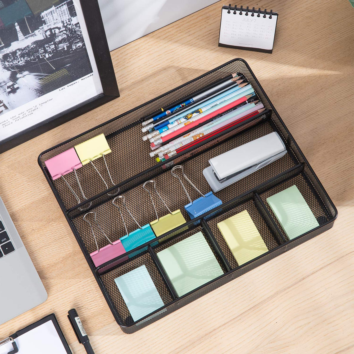 Amazon Basics Metal Mesh Desk Organizer with 6 Compartments, Anti-Slip Pen Holder Storage Tray for