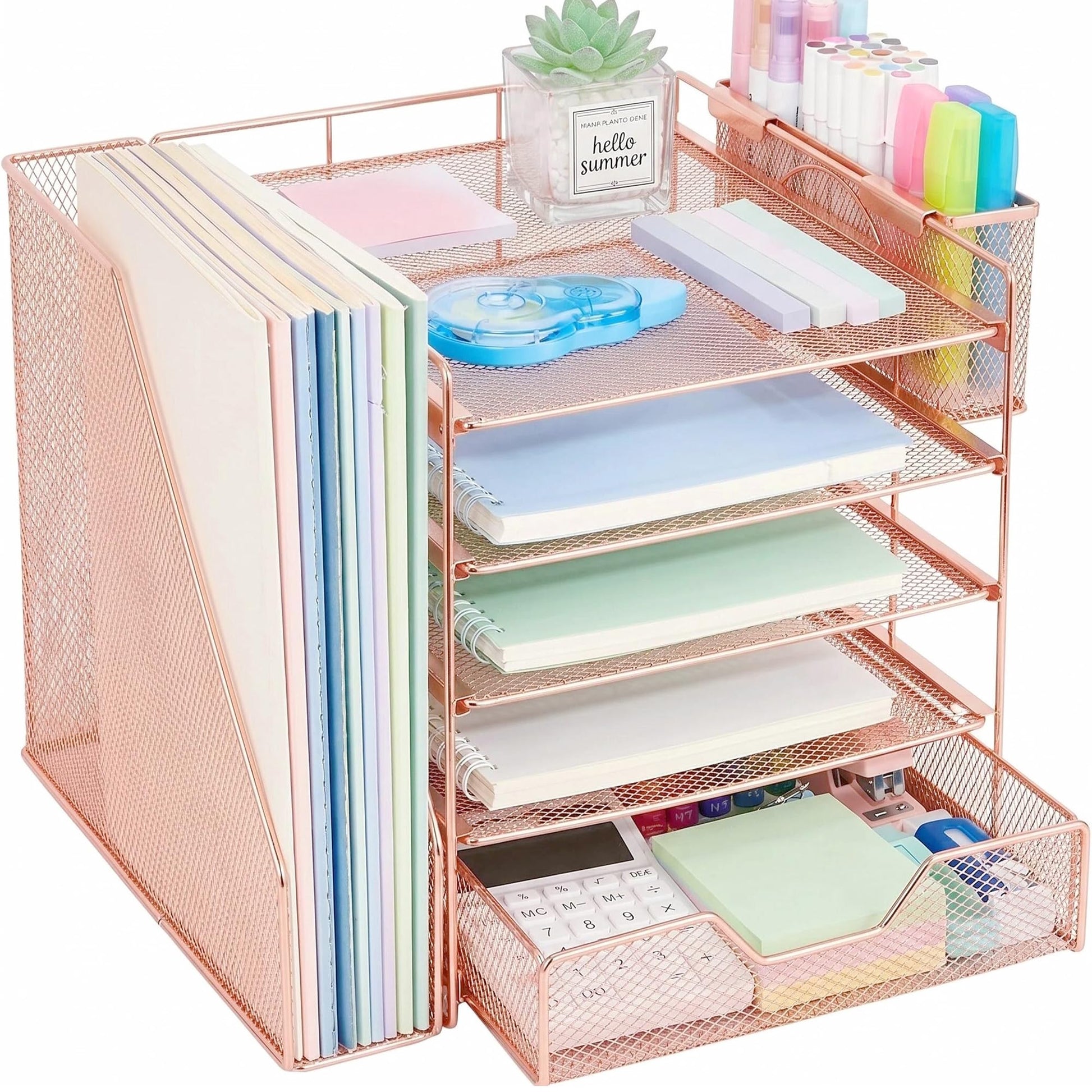 Gugsey 5-Tier Desk File Organizer with Drawer & Pen Holder (Rose Gold)