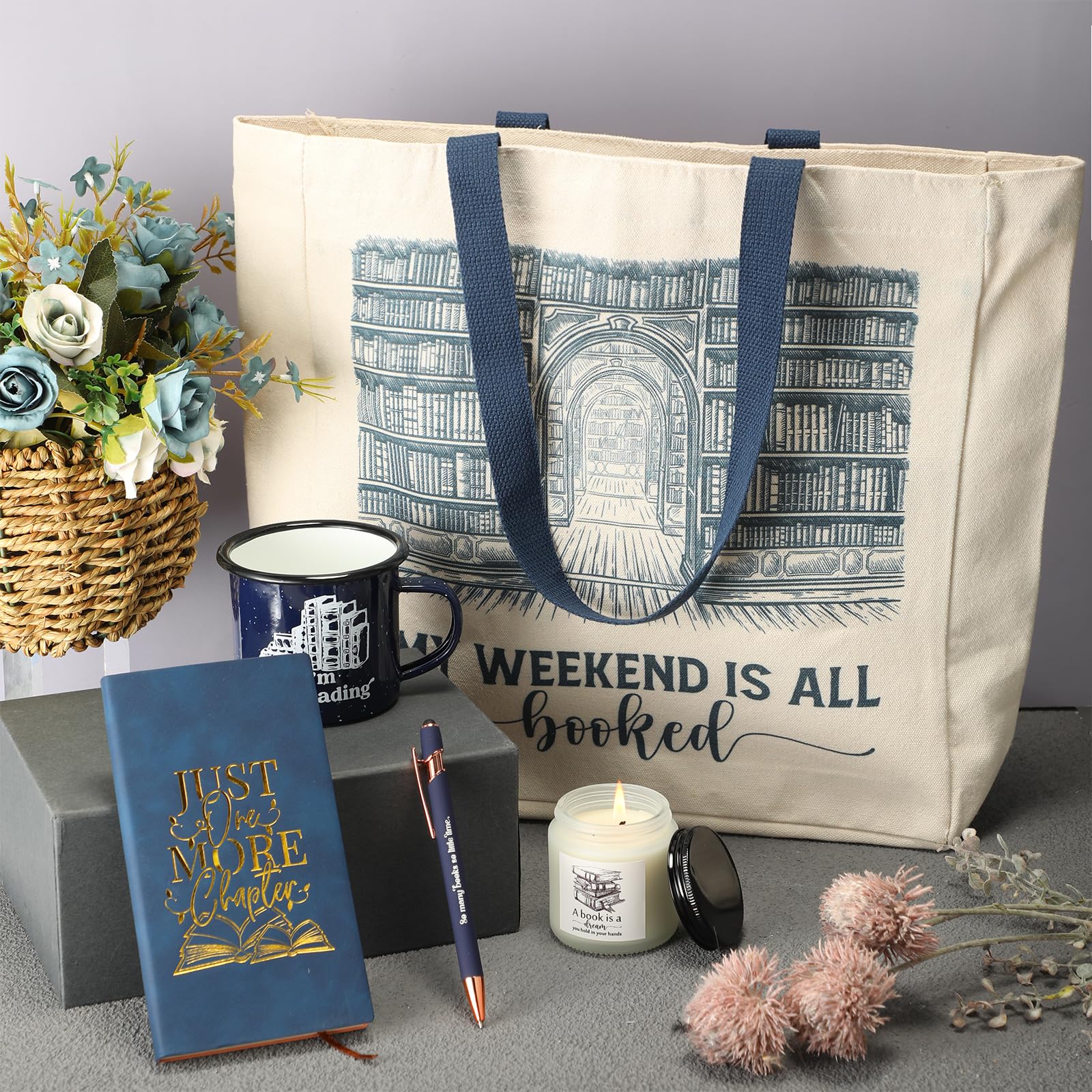 Jetec 5 Piece Book Lovers Set, Canvas Tote Bag Notebook, Candle, Blue