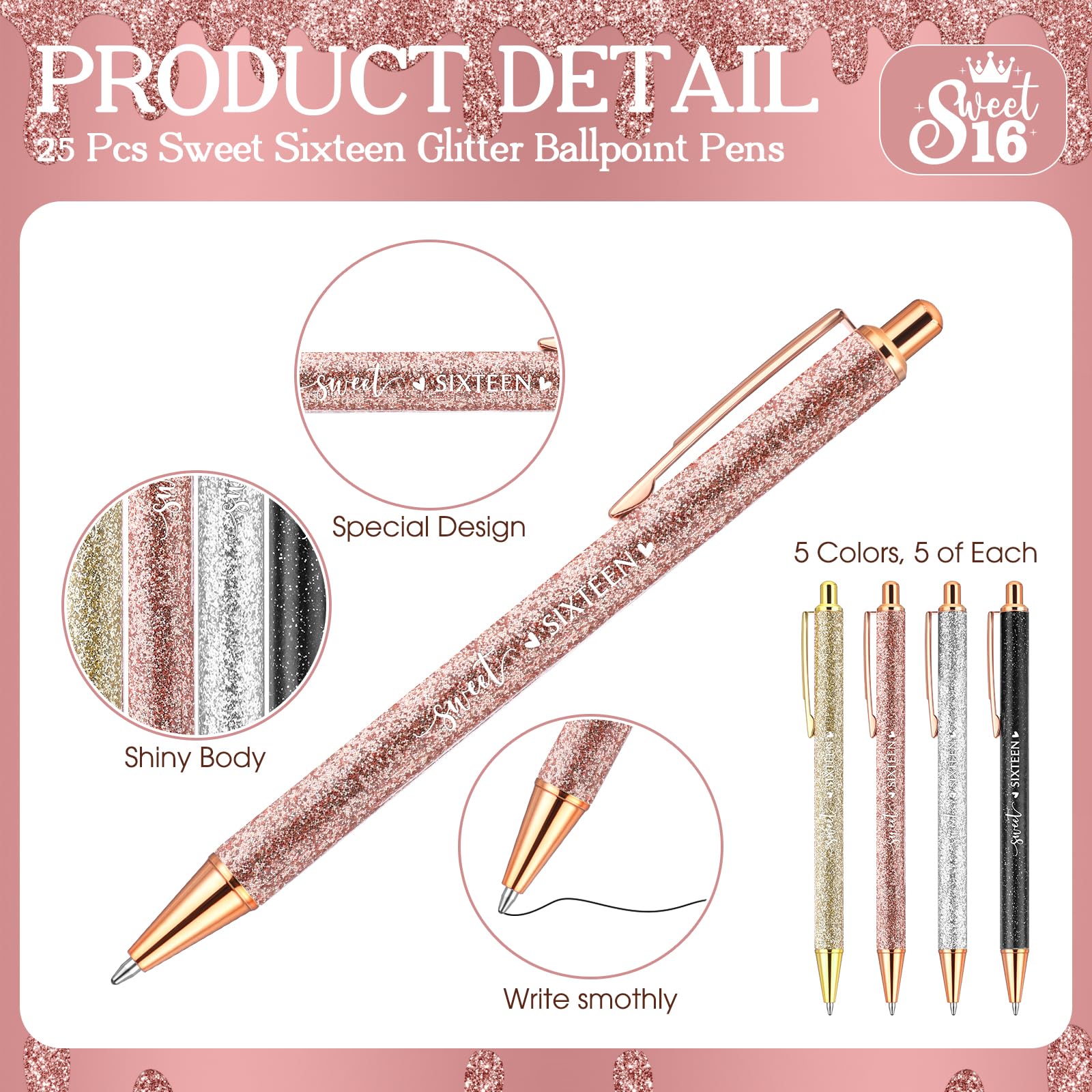 Feifeiya 25 Sets Sweet 16th Party Favors Pens with Thank You Cards, Classic