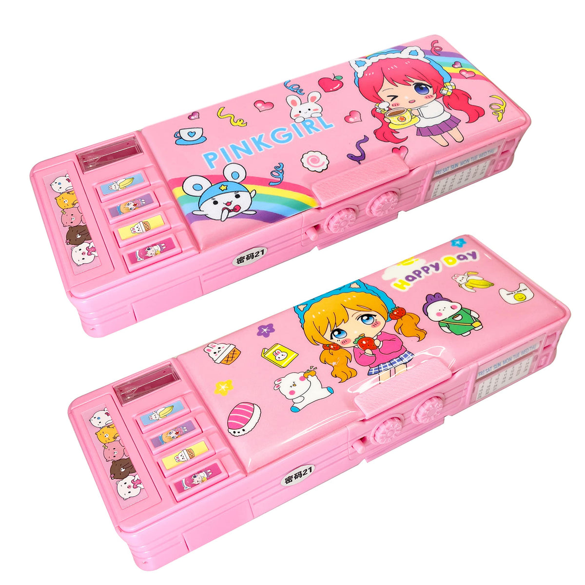 LilyBeauty 【2Pack】 Pop Up Multifunction Pencil Case for Girls, Cute Cartoon Pen Box With Locks