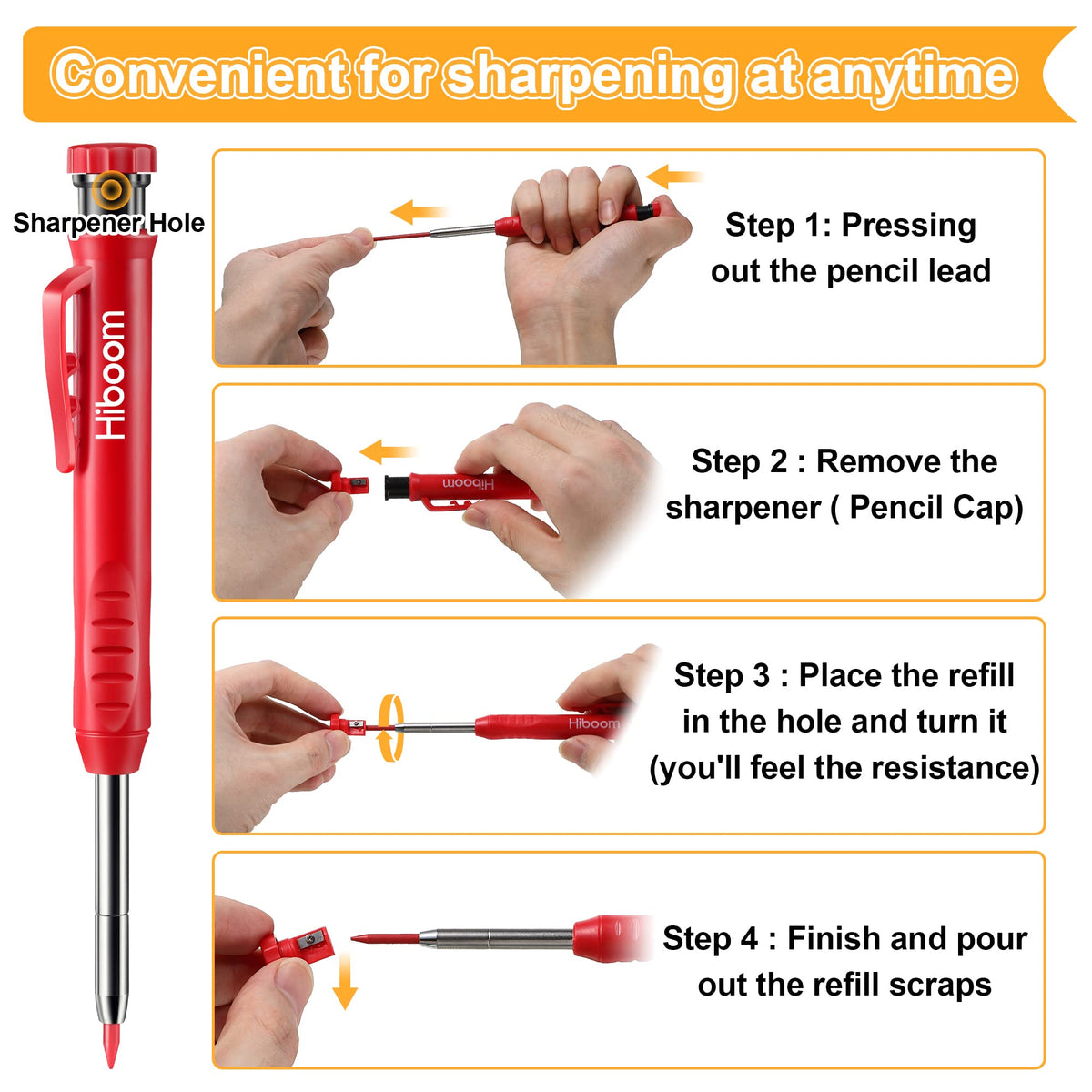Hiboom 4 Pack Carpenter Pencil with 36 Refills Built In Sharpener (Multi)