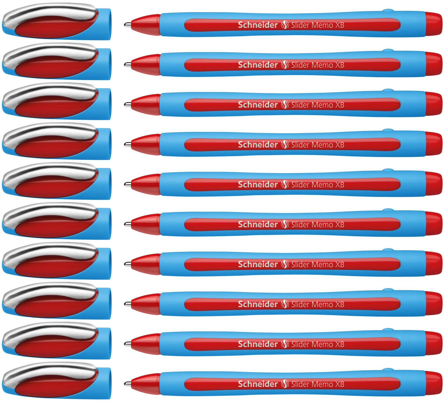 Schneider Slider Memo XB (Extra Broad) Ballpoint Pen, 1.4 mm, Light Blue Barrel, Red Ink, Box of 10
