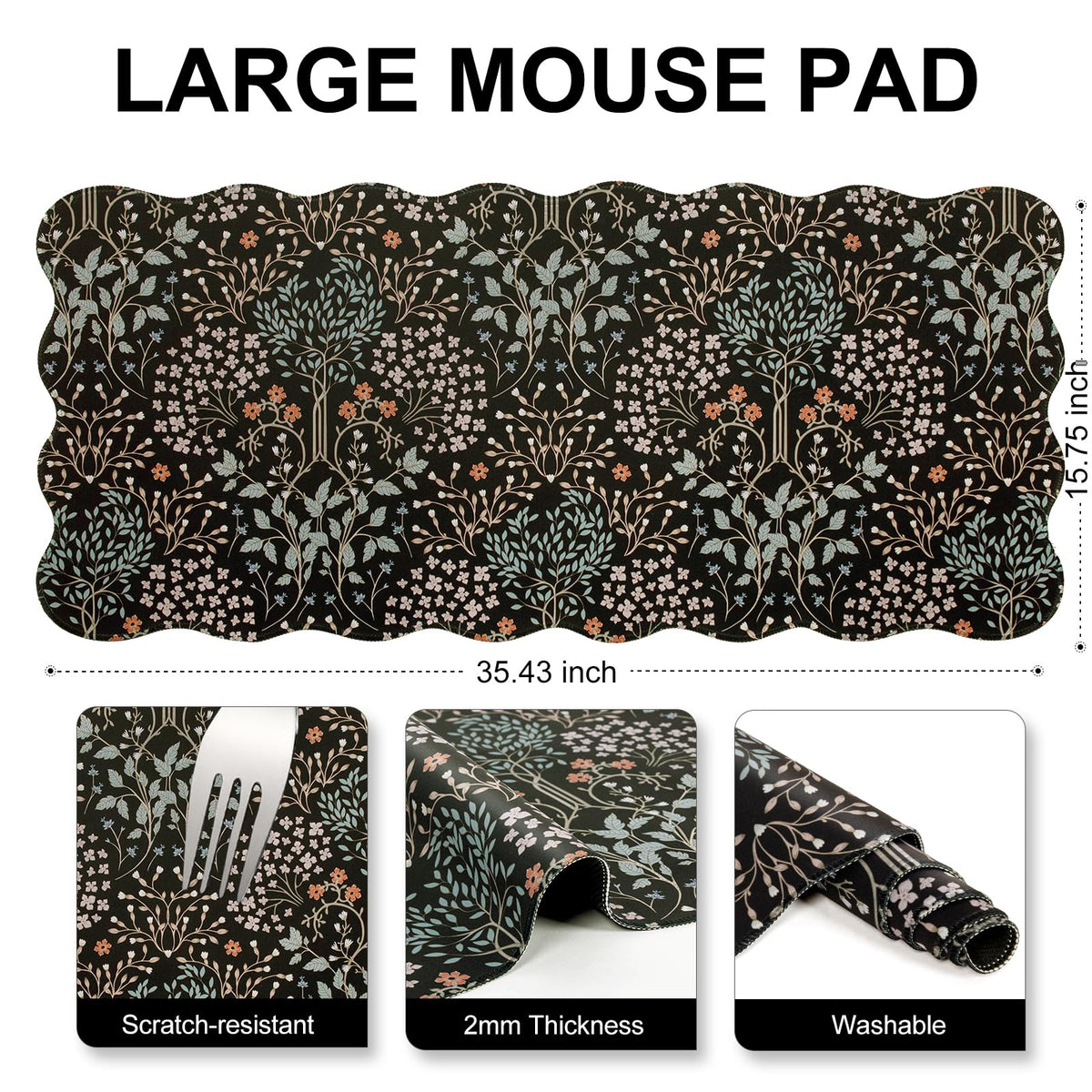 L-SPOUTTO Black Mouse Pad,Scalloped Desk Mat XXL Botanical Gaming Mousepad