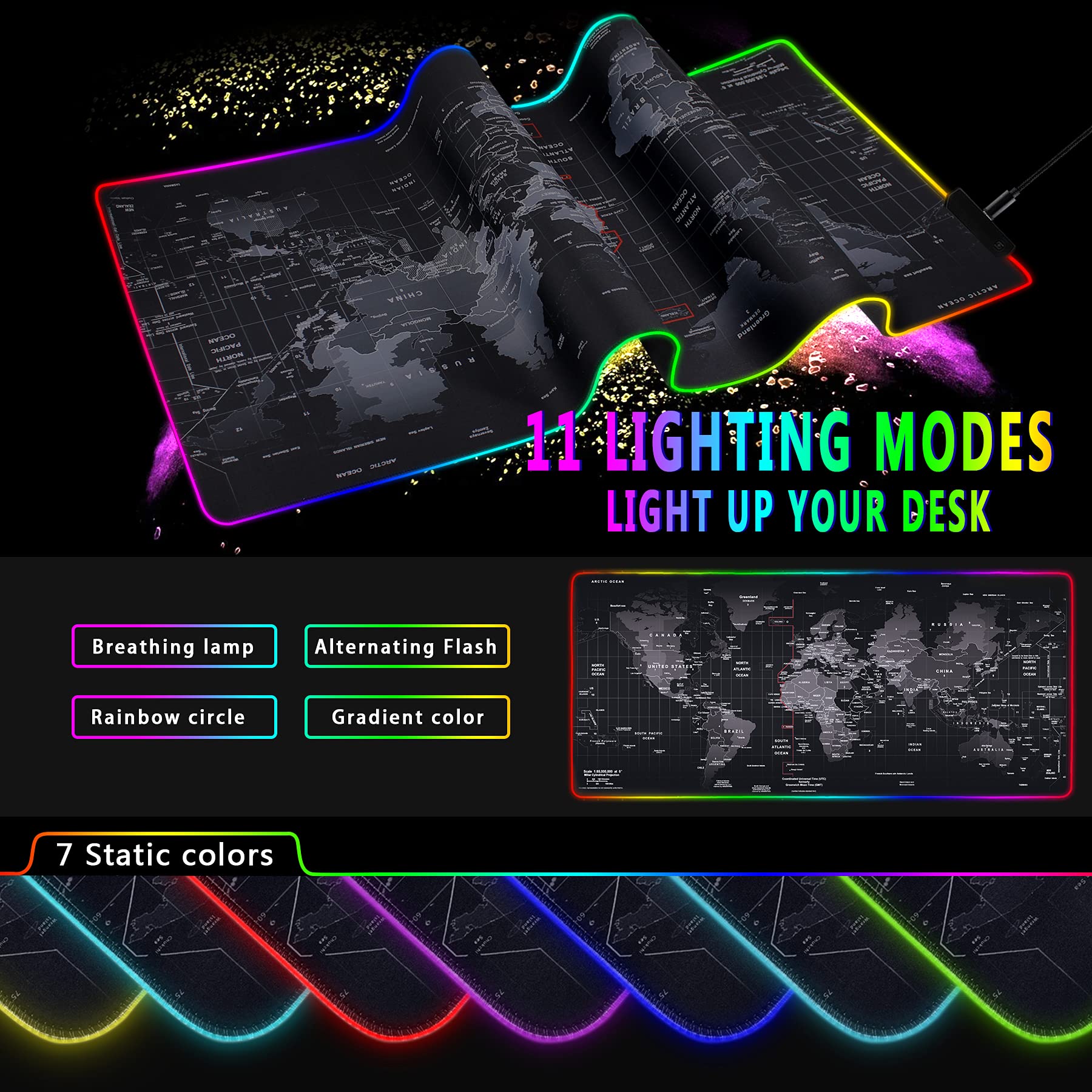 RGB Gaming Mouse Pad 31.5" x 12" – Large Extended LED Mouse Pad with 11 Lighting Modes, World Map