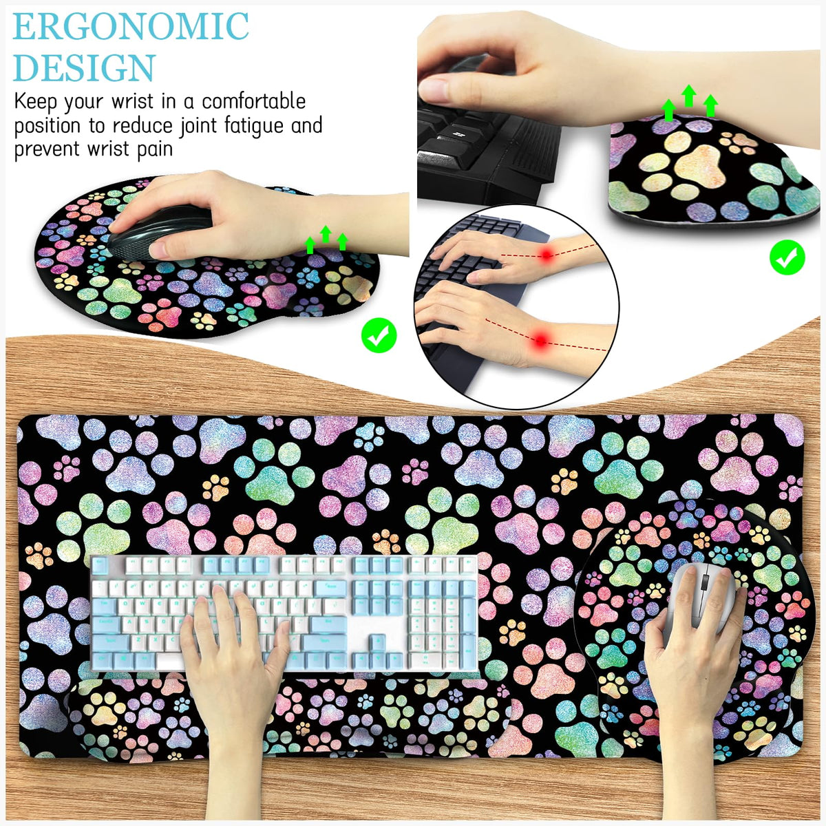 LIMKRIAN Dog Paw Mouse Pad Set XXL Large Desk Mat Pad, Cute Office Decor