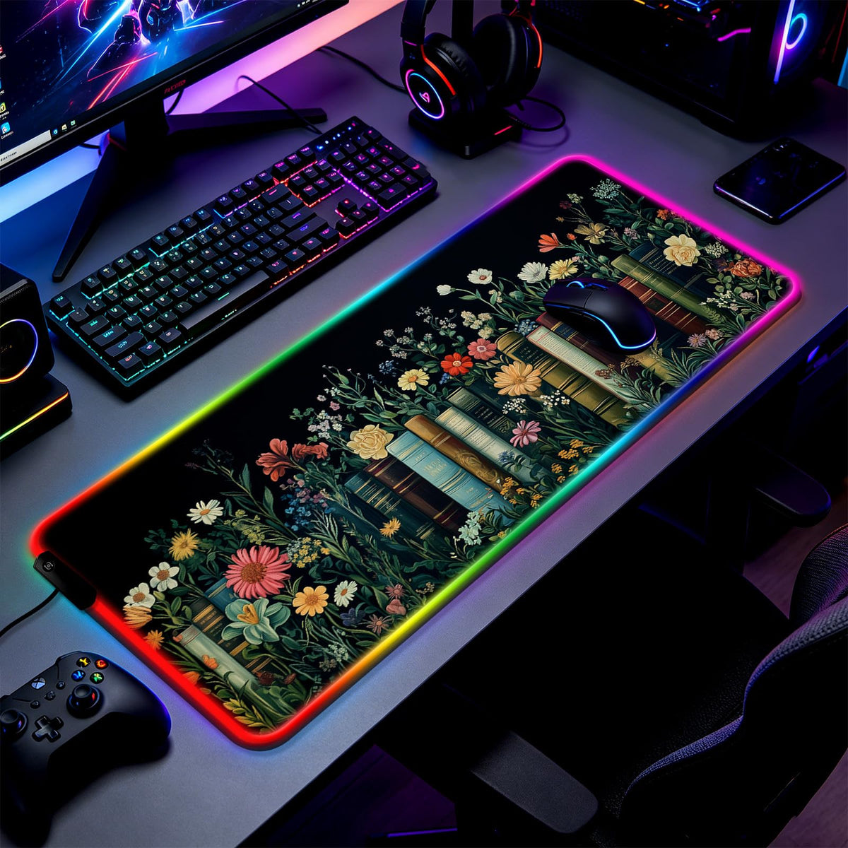 JIANG100 RGB Whimsical Wildflower Book Scene Gaming Desk Mat, XL Mouse Pad