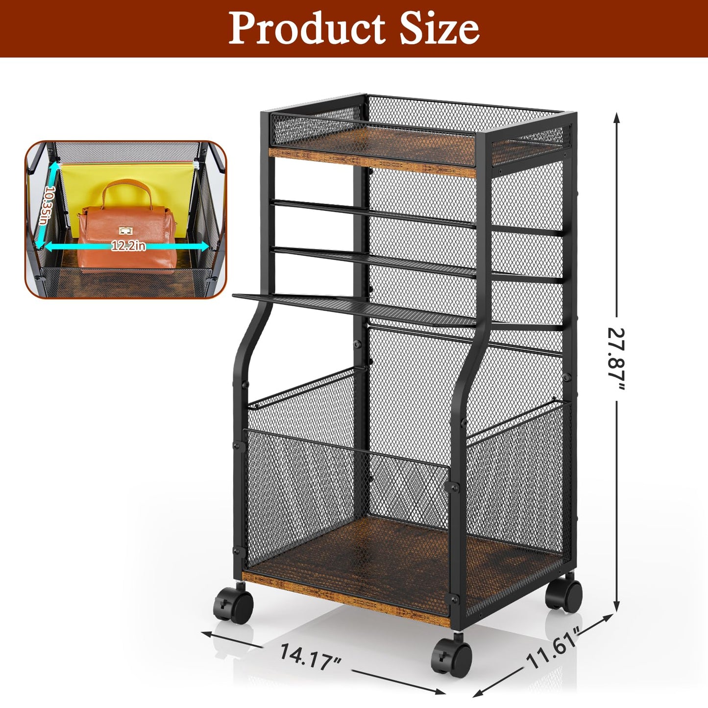 3IngSeagulls Rolling File Cart, 5-Tier Mobile Filing Cabinet on Lockable Wheels, Under Desk