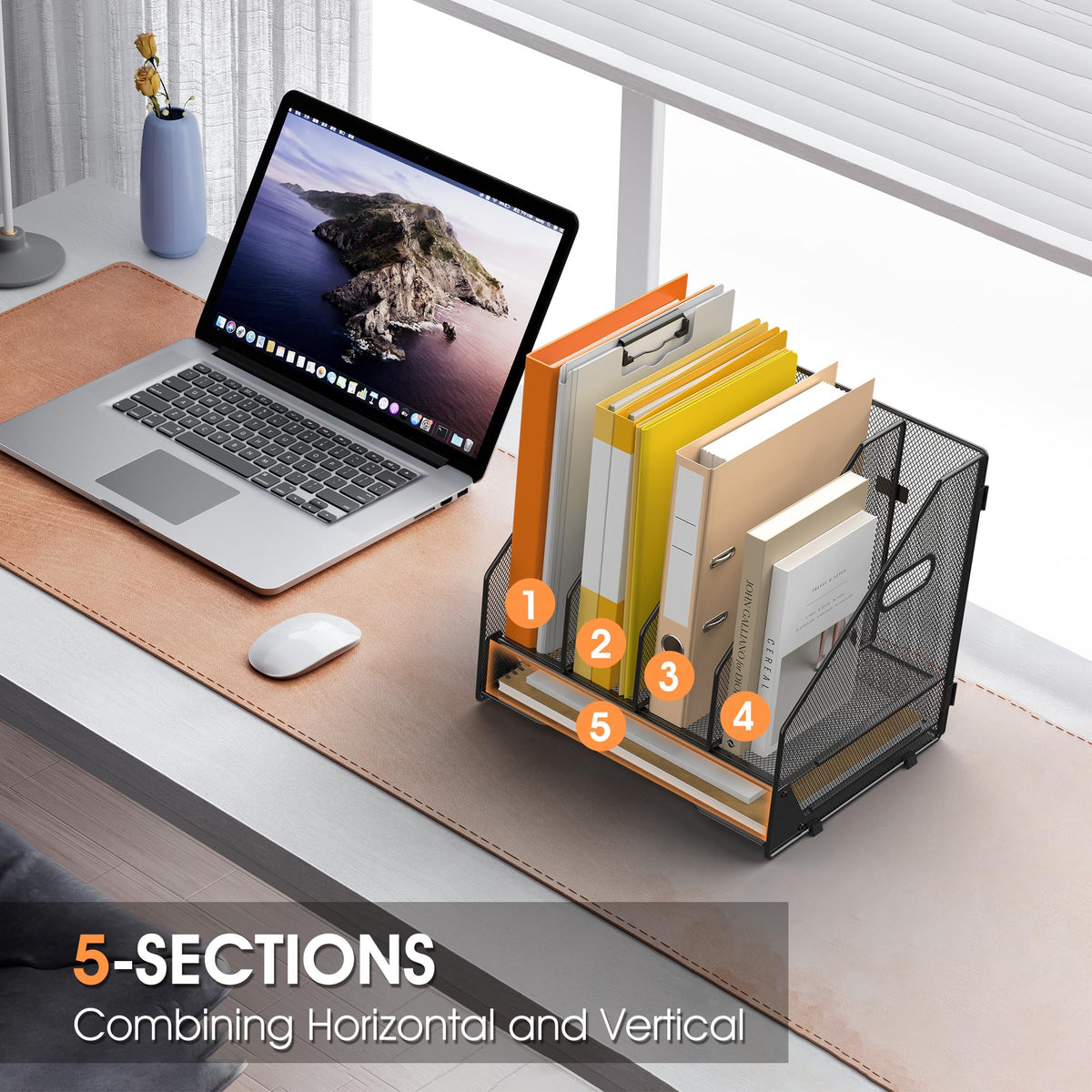 OrgMate 4 Vertical Mesh Desk Organizer with Paper Letter Tray, Black