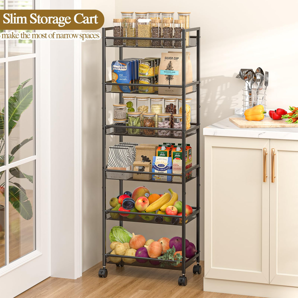 6 Tier Slim Rolling Storage Cart, Narrow Mobile Shelving Unit Organizer Utility Cart with Wheels