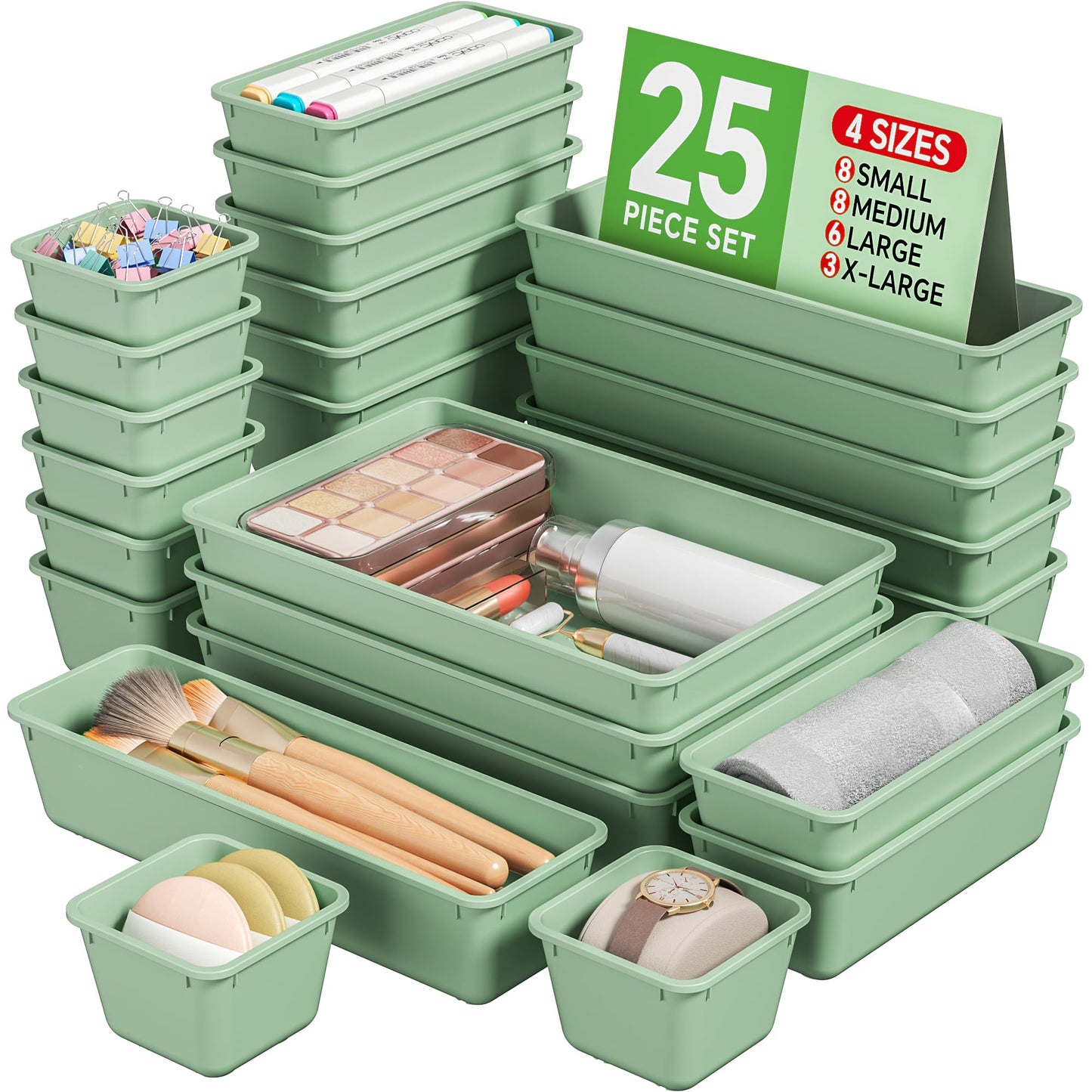 KEMETHY 25 PCS Plastic Drawer Organizers Set, 4 Sizes Vanity Organizer, Makeup and Desk Drawer