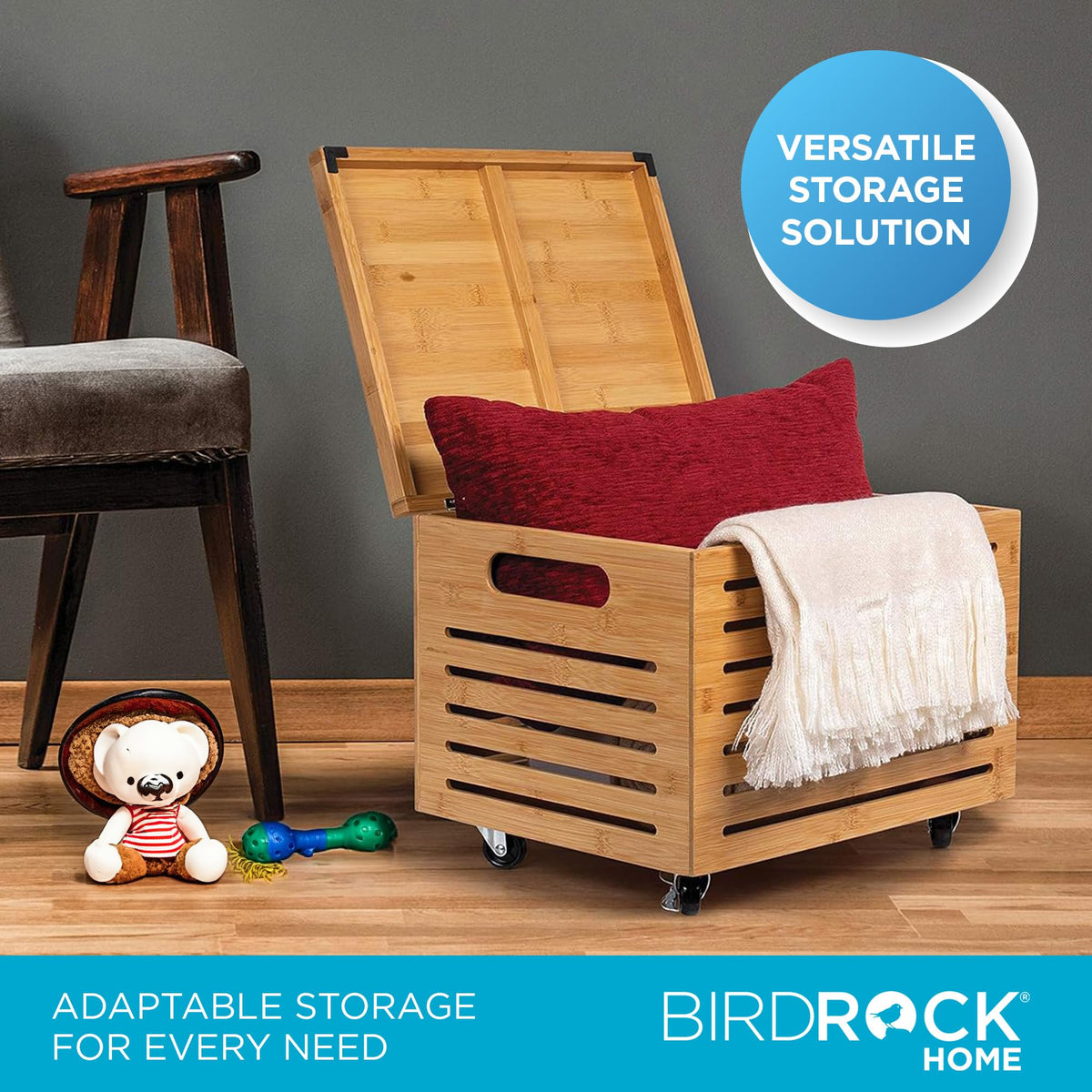 BIRDROCK HOME Bamboo Rolling File Storage Organizer Box with Lid - Decorative File Cabinet on