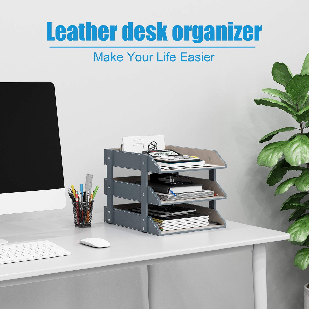 Leather Desk Organizer, Thipoten 3-Tier Stackable Letter Tray Holder for Office Supplies, Paper