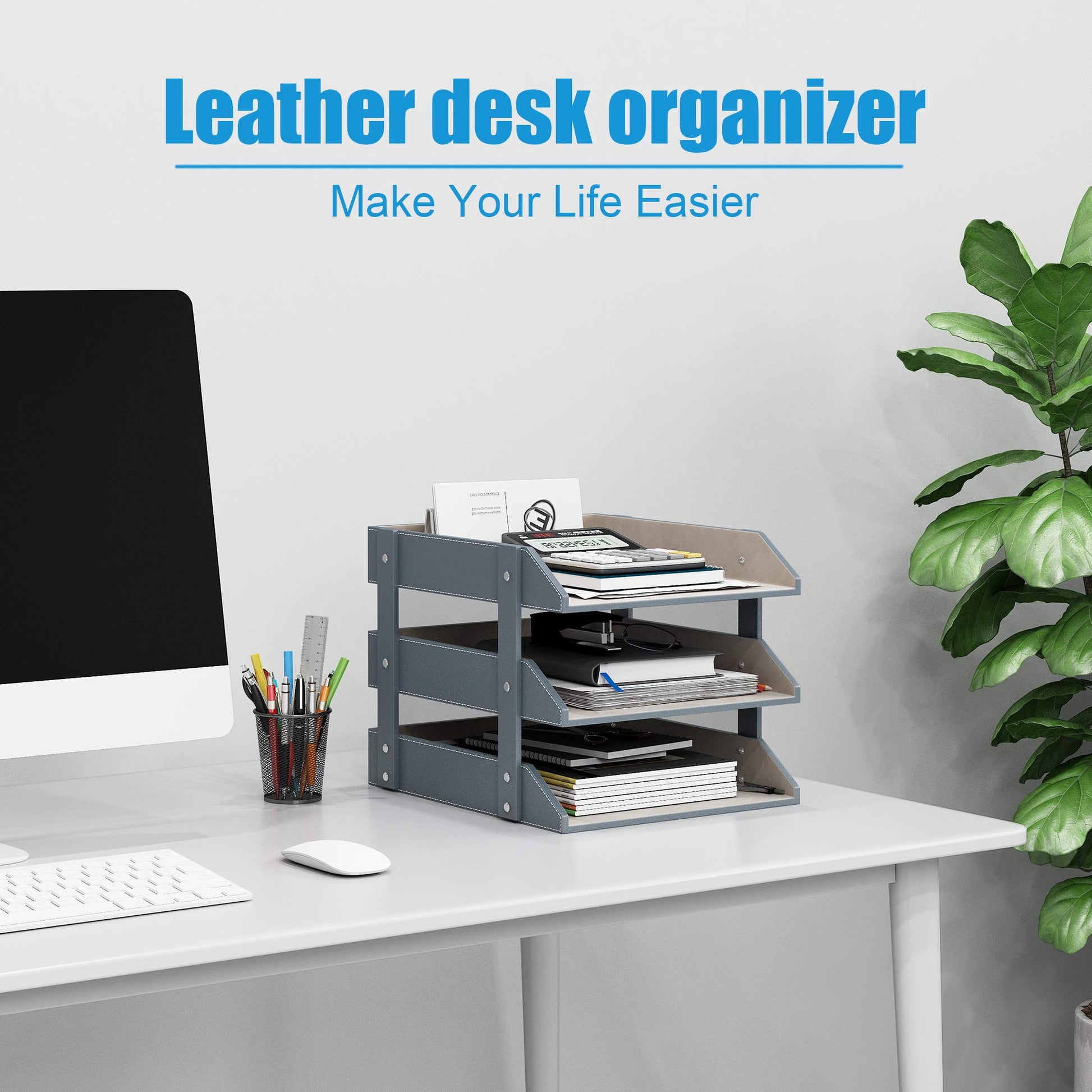 Leather Desk Organizer, Thipoten 3-Tier Stackable Letter Tray Holder for Office Supplies, Paper