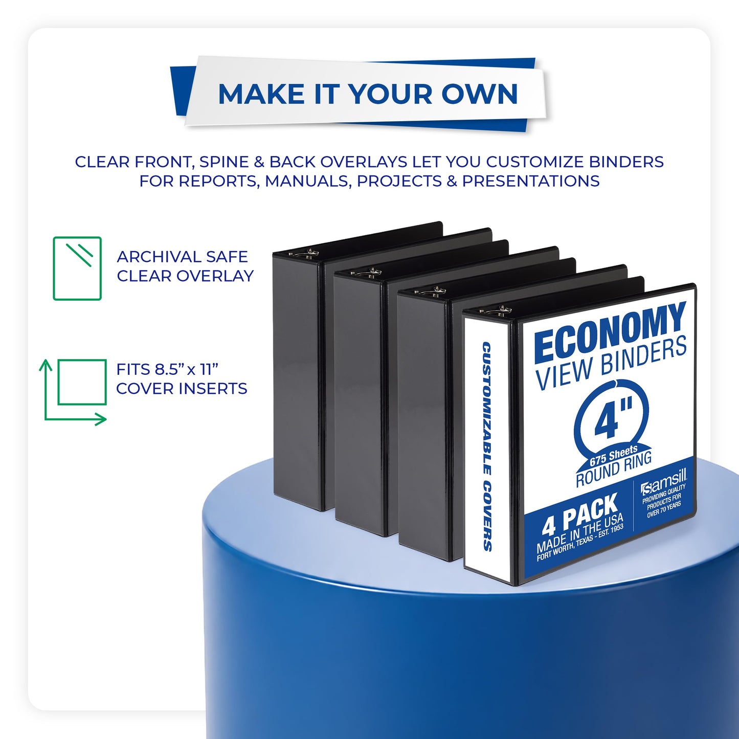 Samsill 4 Inch 3 Ring Binders, Economy Round Ring, Clear View Cover, 675 Sheet Capacity - for