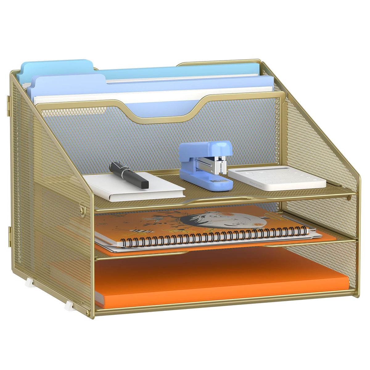 GAWERK Letter Tray Organizer, Mesh Desk File Organizer with 3 Paper Trays and 2 Vertical Upright