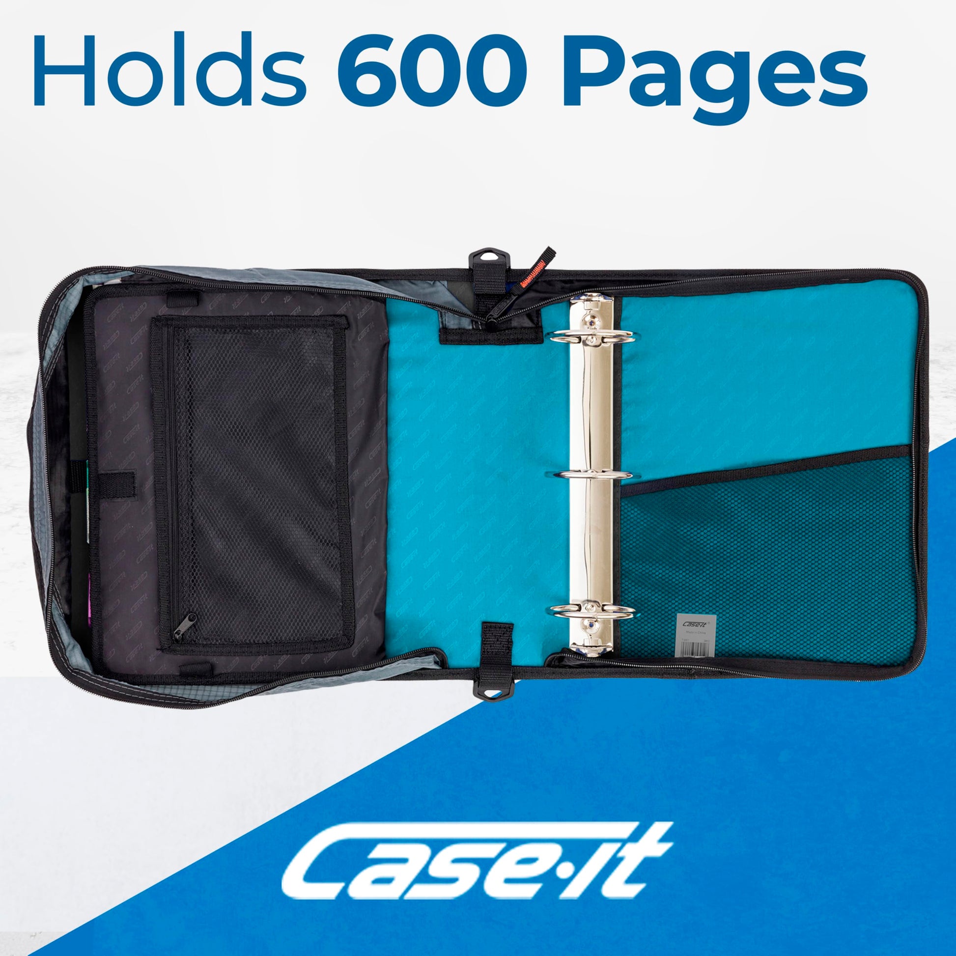 Case-it School Zipper Binder | 3" O-Rings | 600-Sheet | D-146 Aqua Marine
