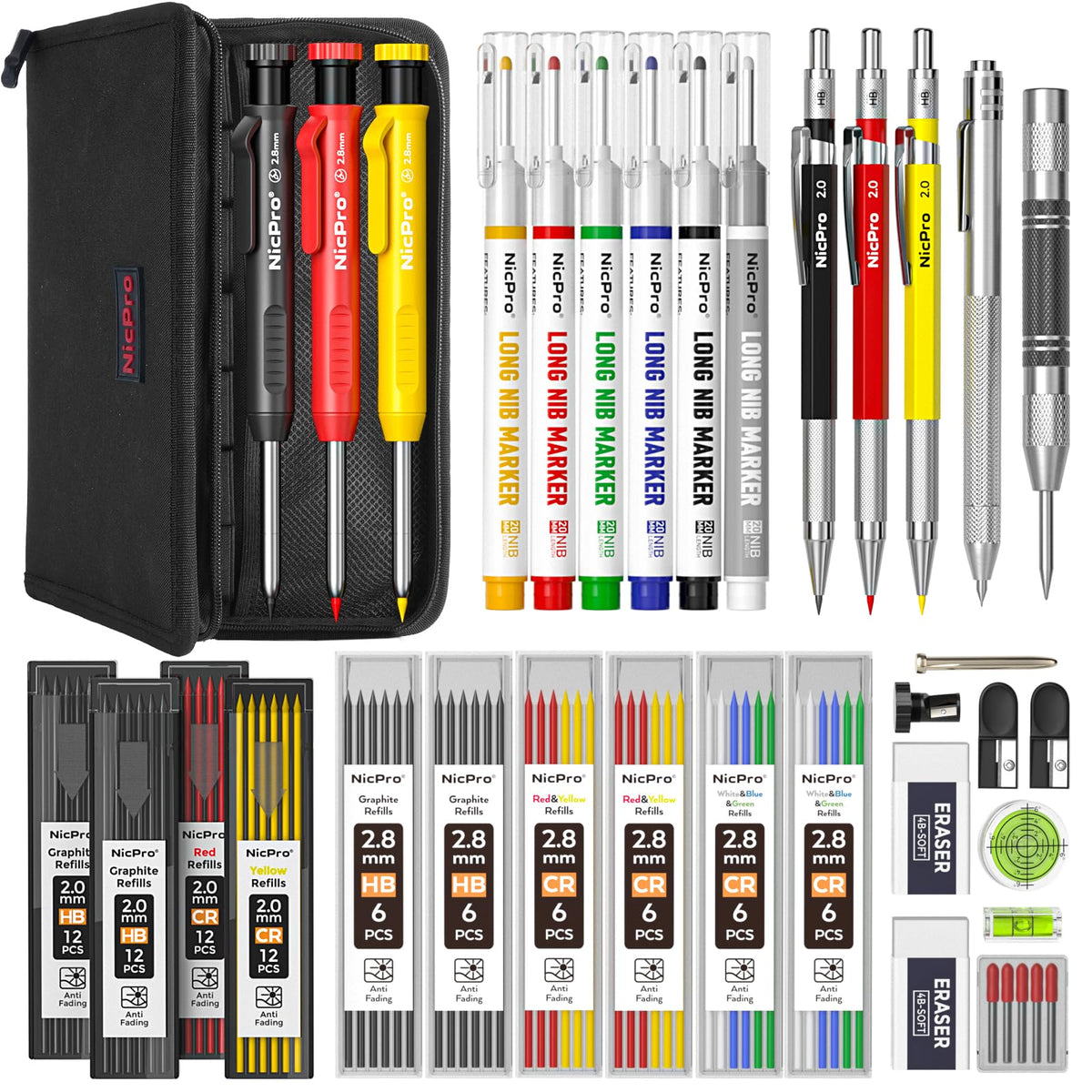 Nicpro 39 Pack Carpenter Pencil Set with Sharpener, Canvas Case