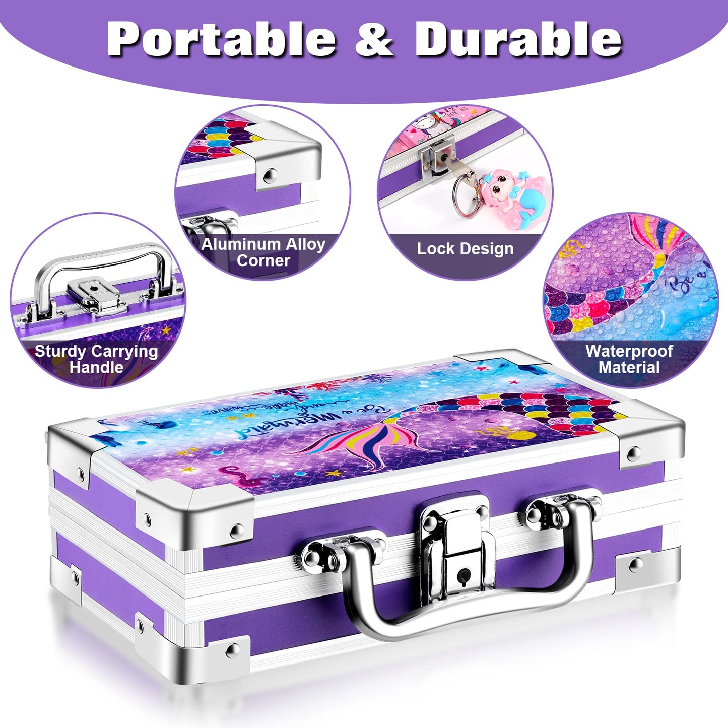 JYPS Mermaid Pencil Case for Kids, Portable Lock Box with Handle and Keychain, Cute Mermaid School