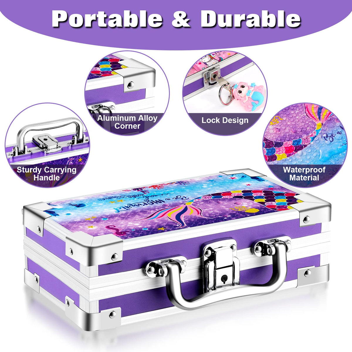 JYPS Mermaid Pencil Case for Kids, Portable Lock Box with Handle and Keychain, Cute Mermaid School