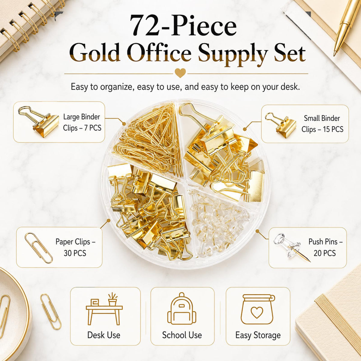 Creechwa Paper Clips Binder Push Pin Set, Assorted Sized Binder Clips