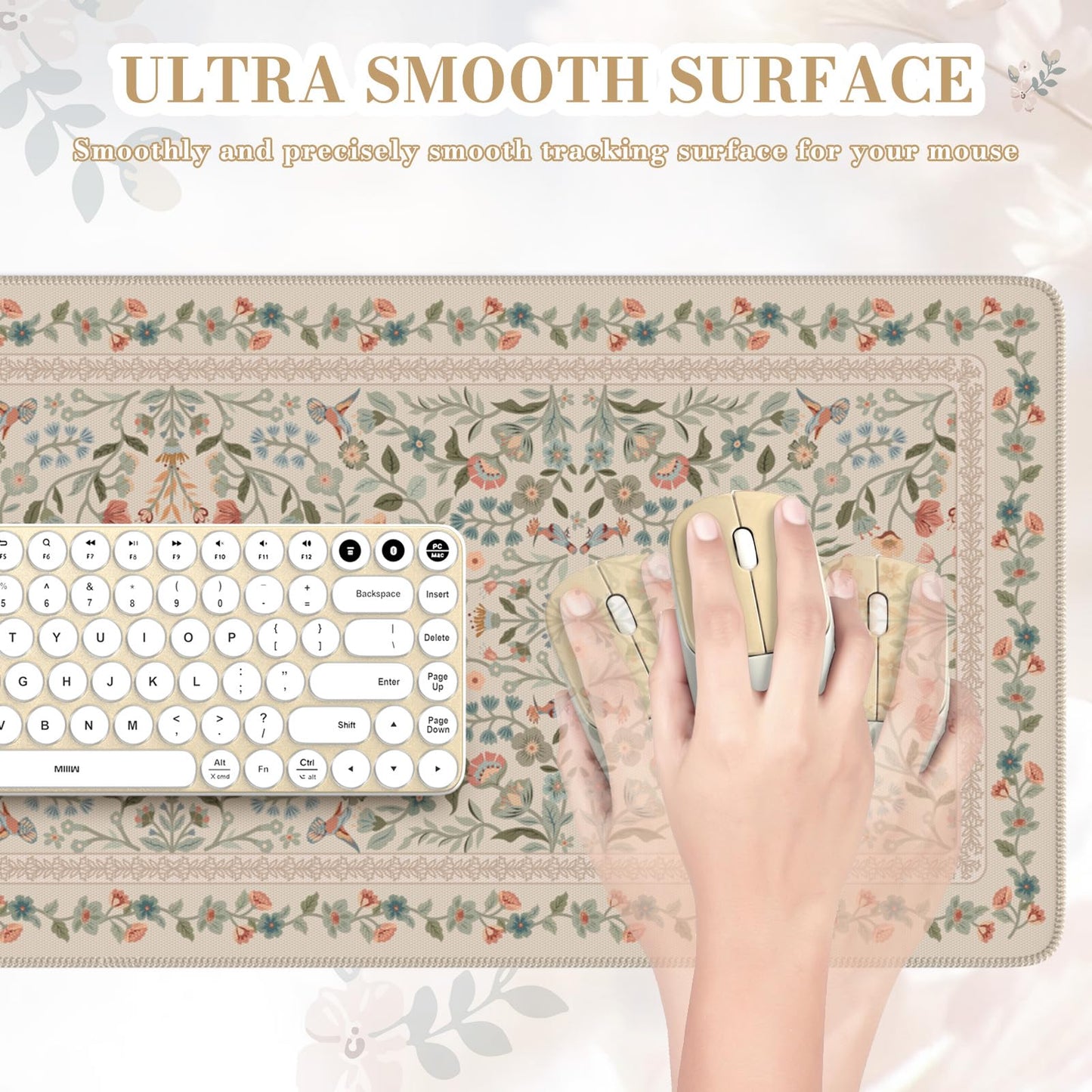 iCasso Aesthetic Desk Mat,31.5x11.8in Mouse Pads,Beige Floral