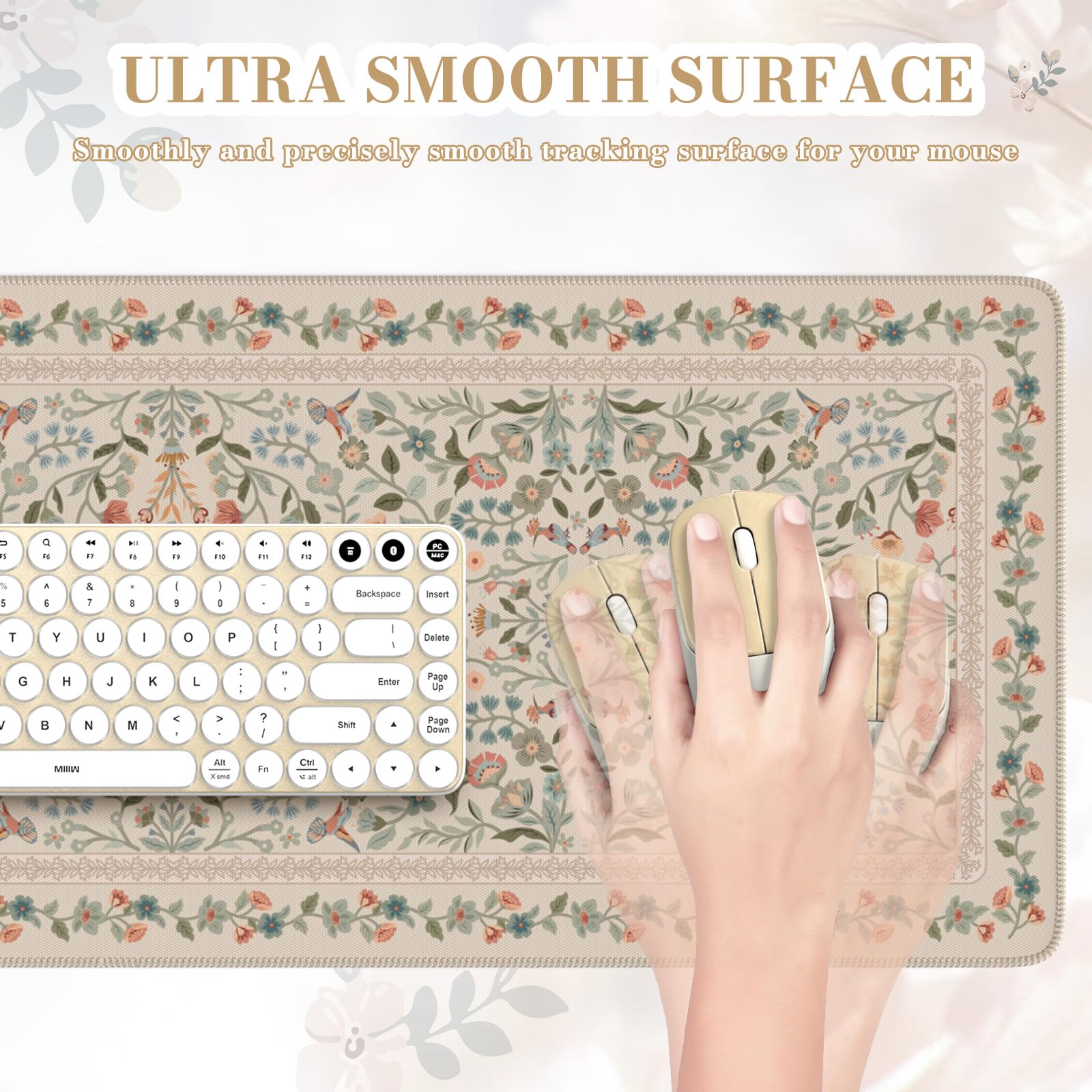 iCasso Aesthetic Desk Mat,31.5x11.8in Mouse Pads,Beige Floral