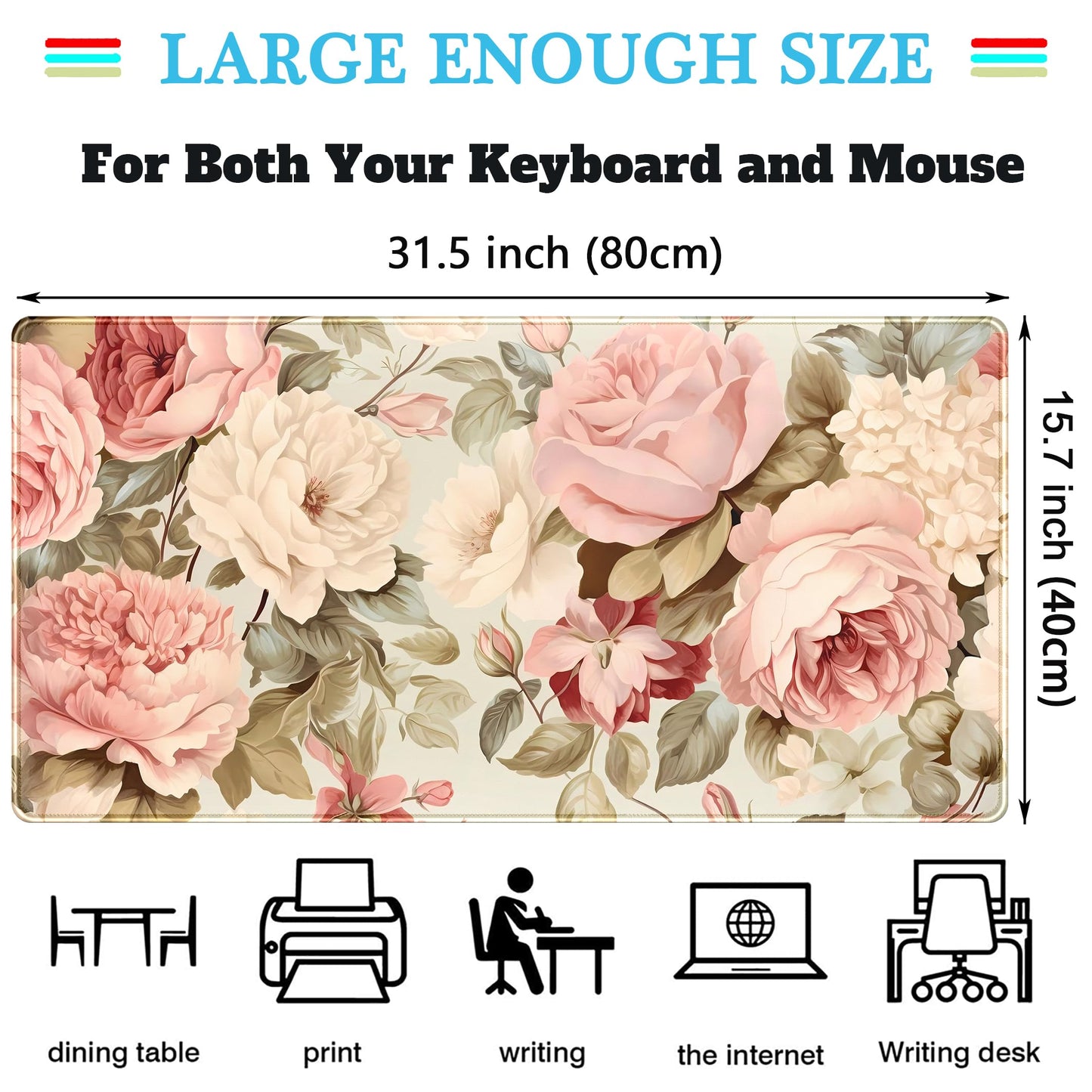 Cute Floral Desk Mat Pastel Roses Gaming Mouse Pad XXL Large Extended Flowers Desk Pad, Laptop