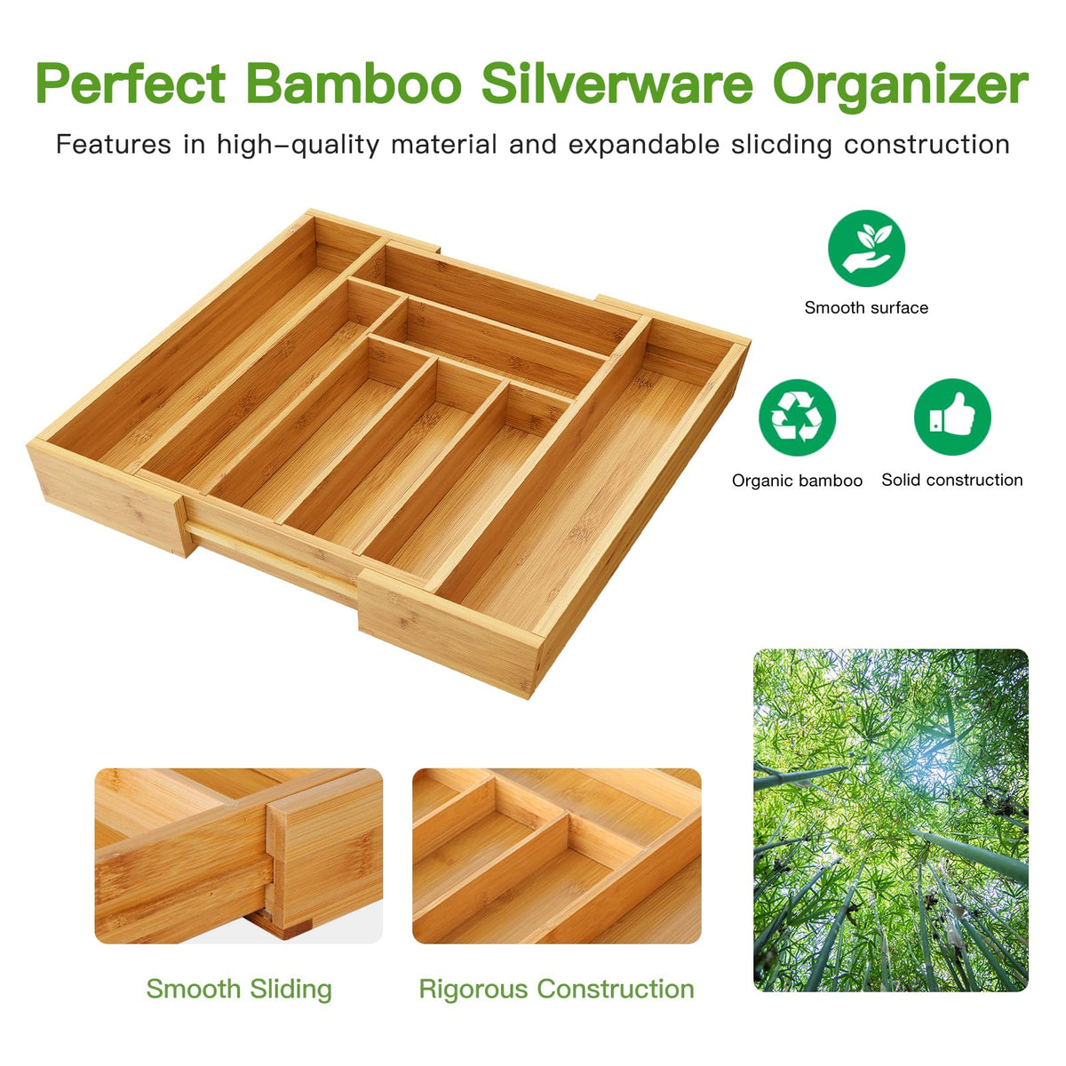 Pipishell Bamboo Expandable Drawer Organizer for Utensils Holder, Adjustable Cutlery Tray, Wood