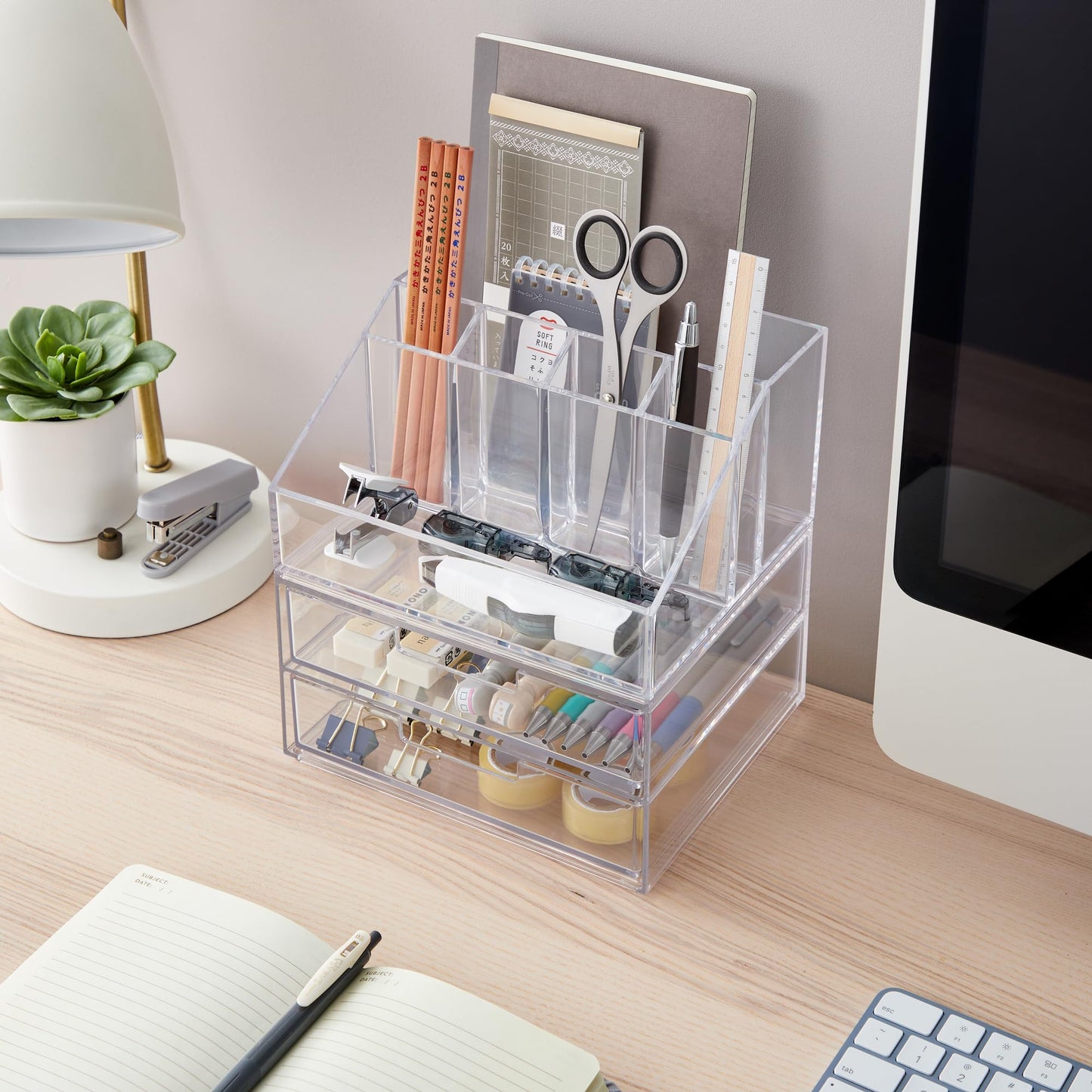 STORi Stackable Desk and Drawer Organizer, Clear, 6 Compartment Organizer with 2 Wide Drawers
