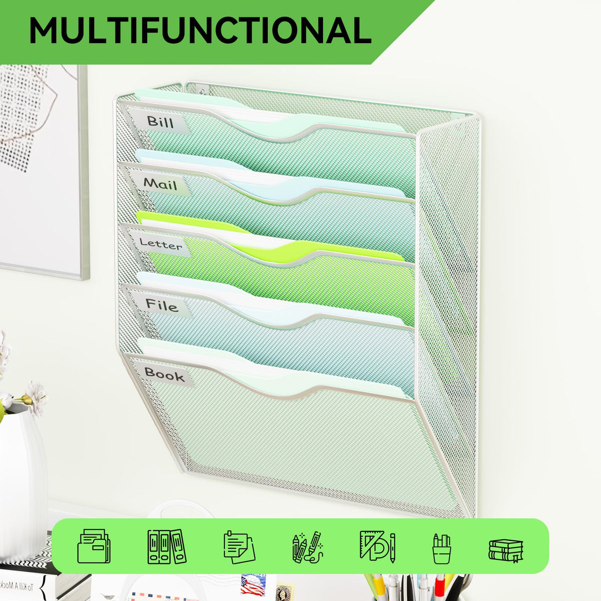 GDINDINFAN 5 Pockets Hanging Wall File Organizer Mail Holder, Wall Mounted Paper Document Folder