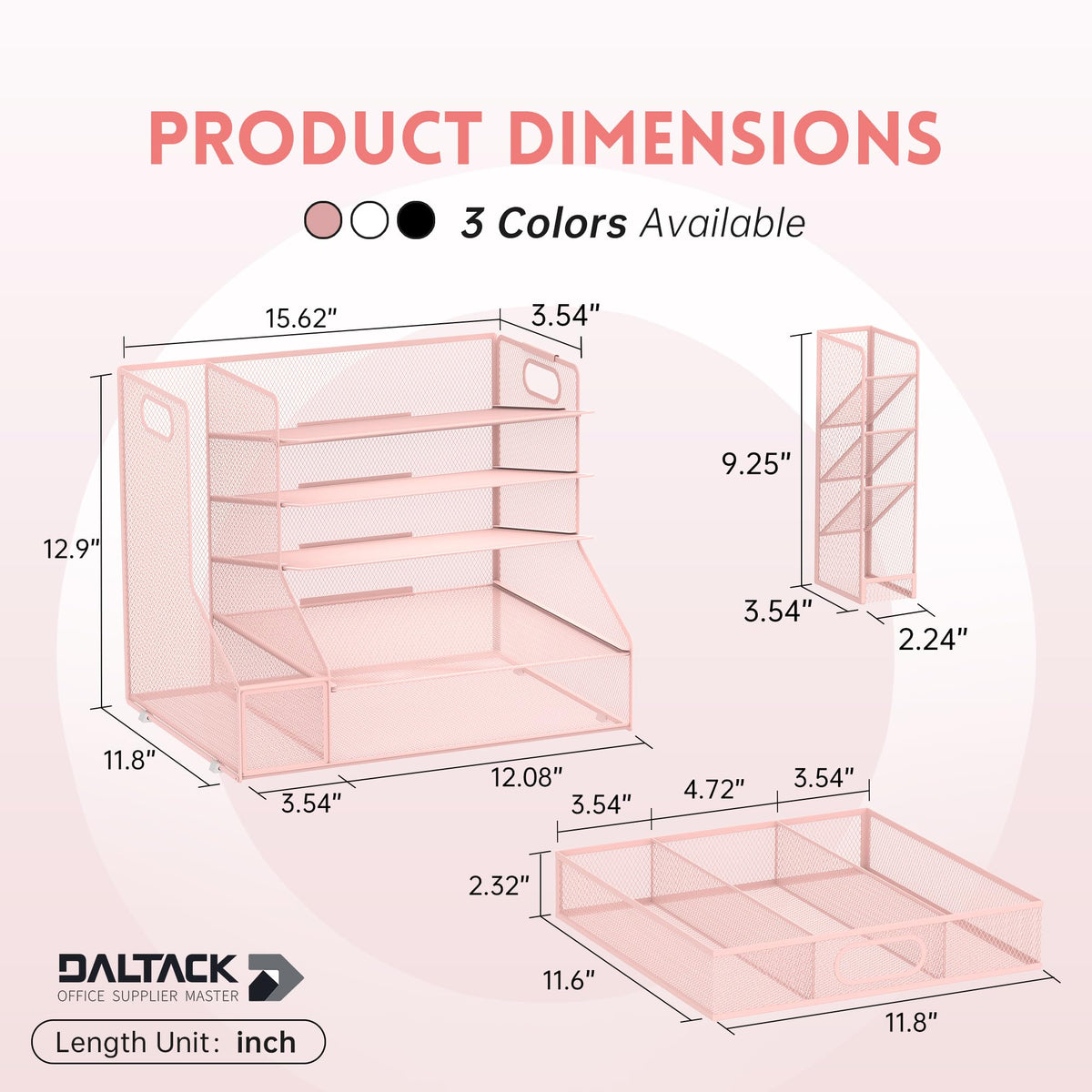 5-Tier Desk Organizer with File Holder & Pen Holder & Sliding Drawer, Pink