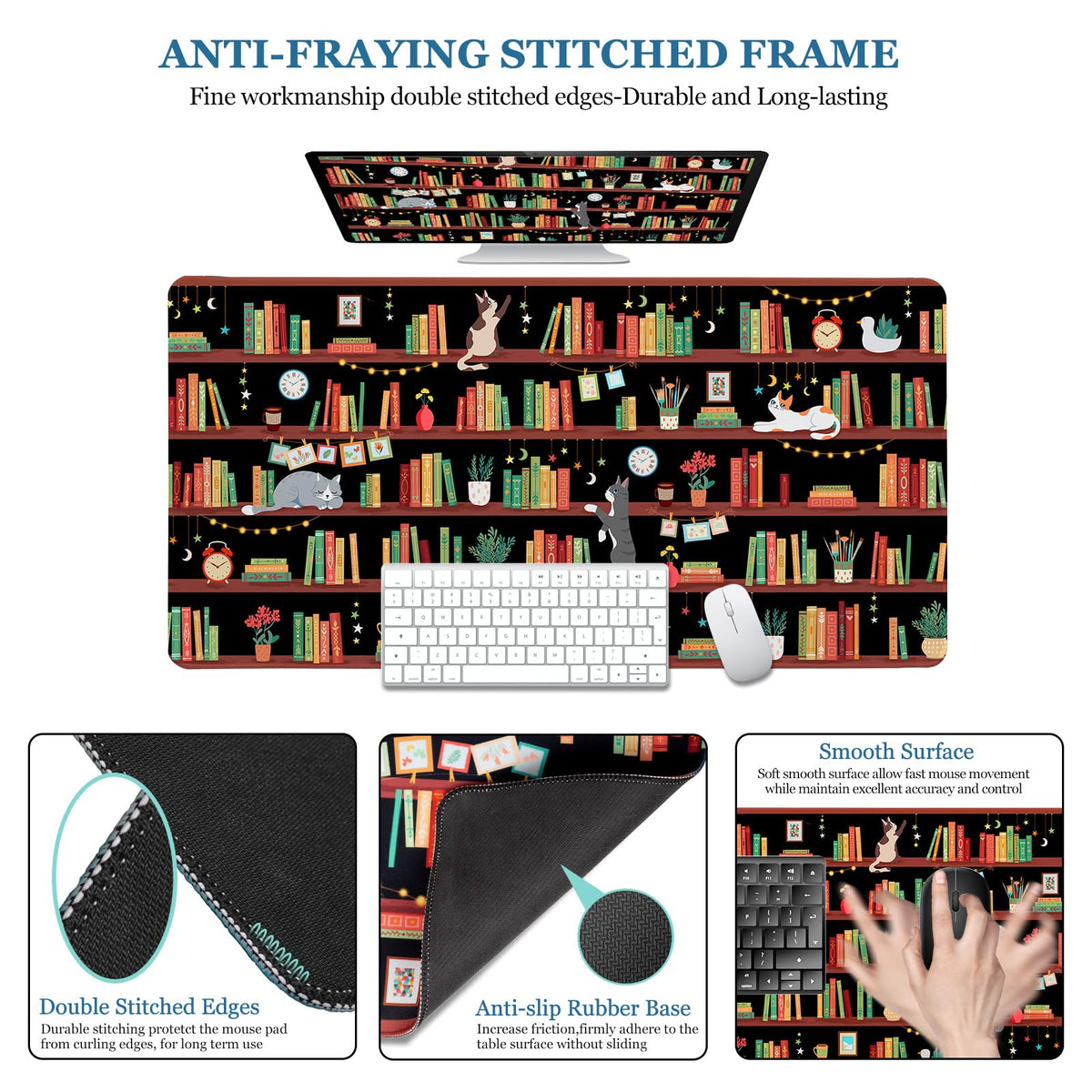 Bookshelf Cat Teacher Desk Pad, Mouse Pad Office Accessories, 31.5×15.7