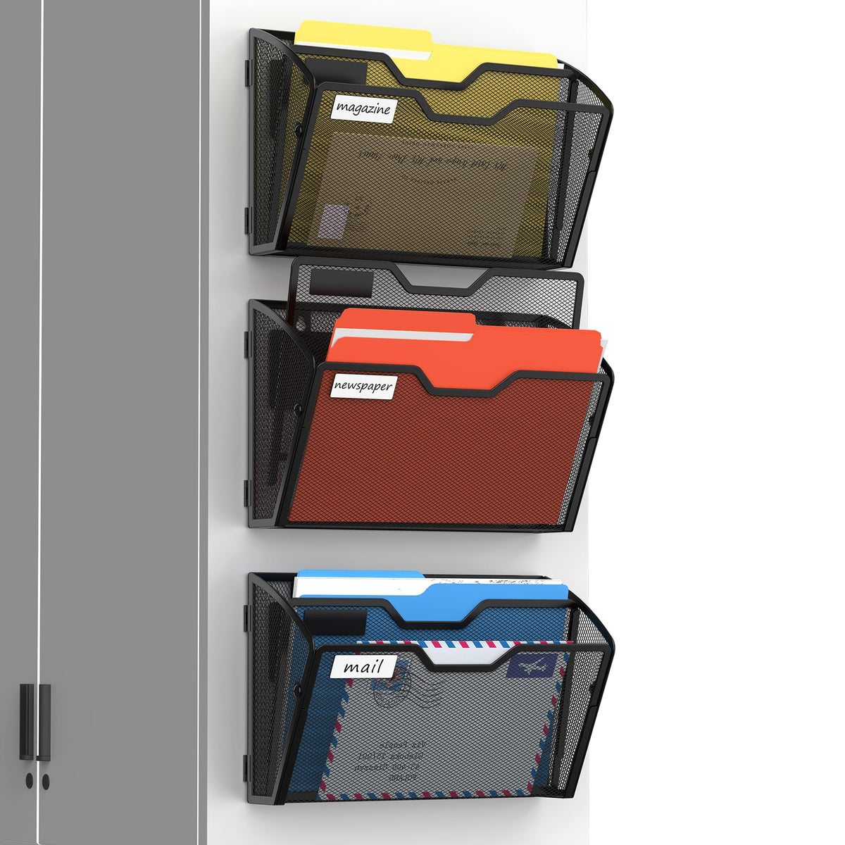 Docnest 3 Pack 2 Tier Dual-Mount Magnetic Mesh File Holders, Wall Organizer