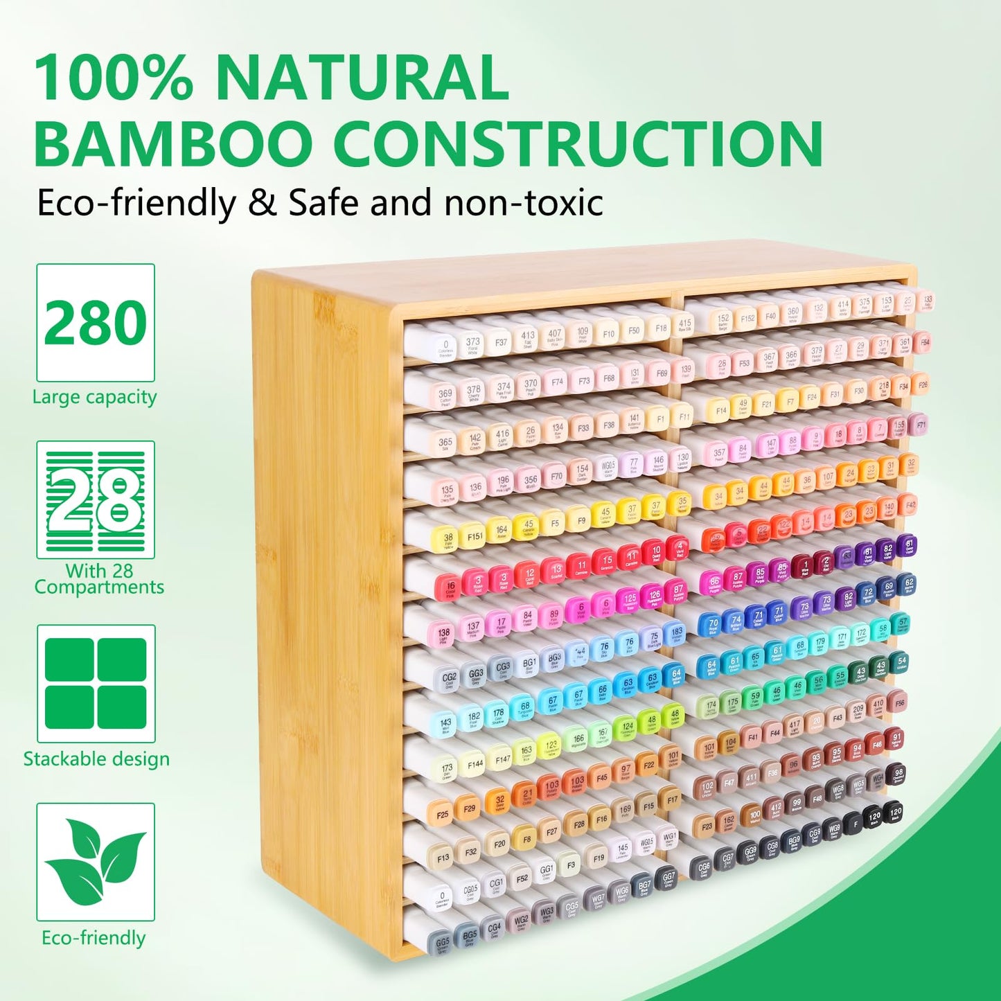 walowalo Bamboo Marker Organizer Markers 280pcs Markers Pen Holder Art Supply Pencil Storage