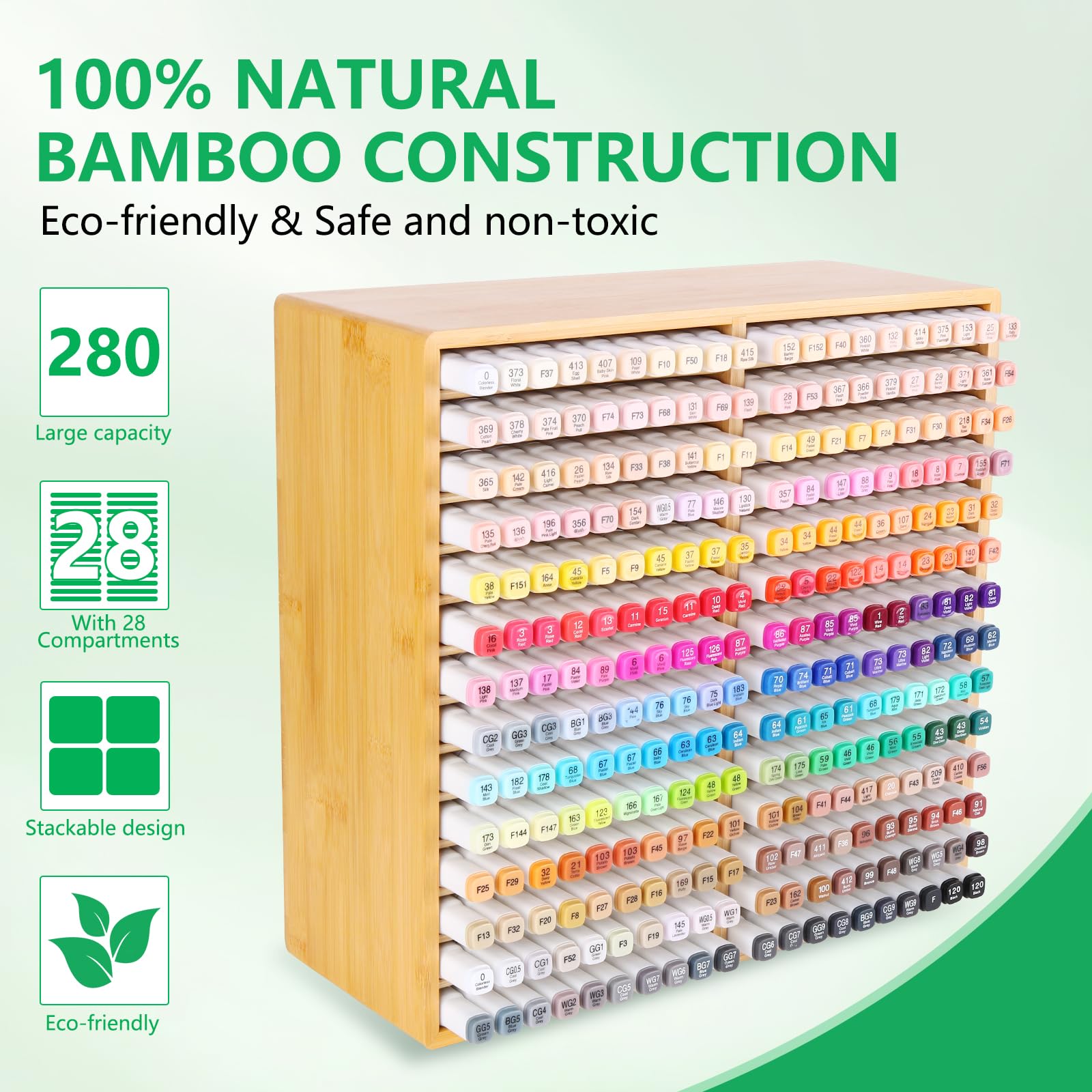 walowalo Bamboo Marker Organizer Markers 280pcs Markers Pen Holder Art Supply Pencil Storage