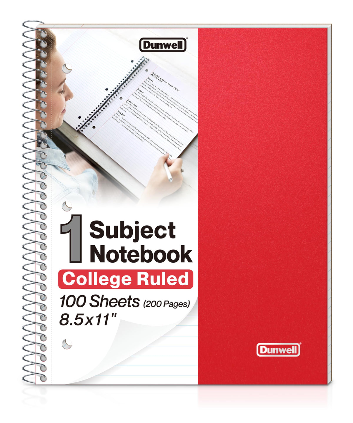 Dunwell 1-Subject College Ruled Spiral Notebook 8.5x11, 100 Sheets, Red
